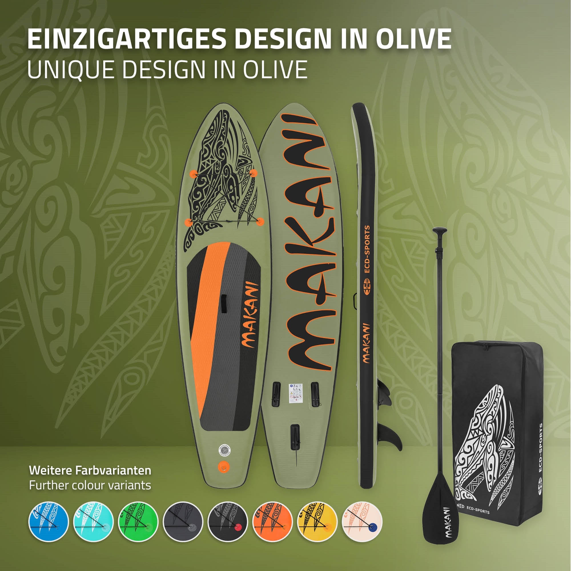 Olivenfarbenes Stand-Up-Paddle-Board mit Paddel und Tragetasche.
