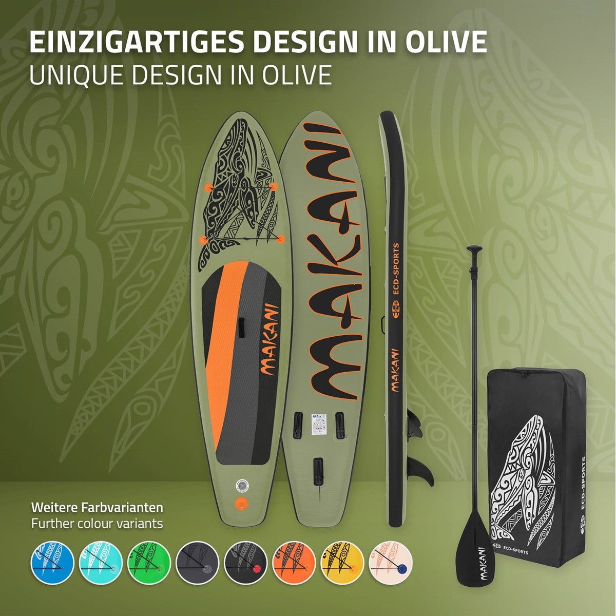 Olivenfarbenes Stand-Up-Paddle-Board mit Paddel und Tragetasche.