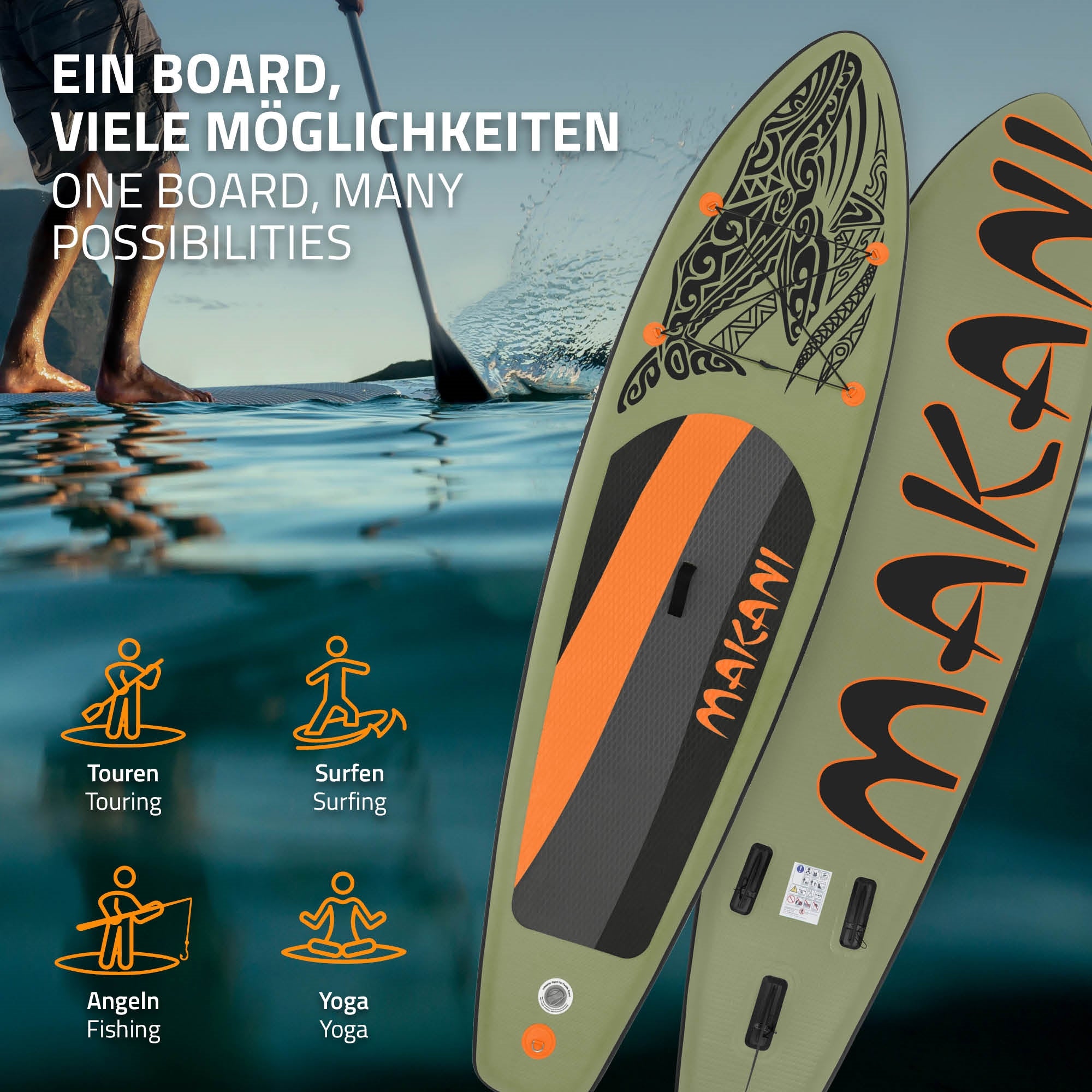 Zwei Stand-Up-Paddle-Boards mit Nutzungsmöglichkeiten wie Angeln und Yoga.