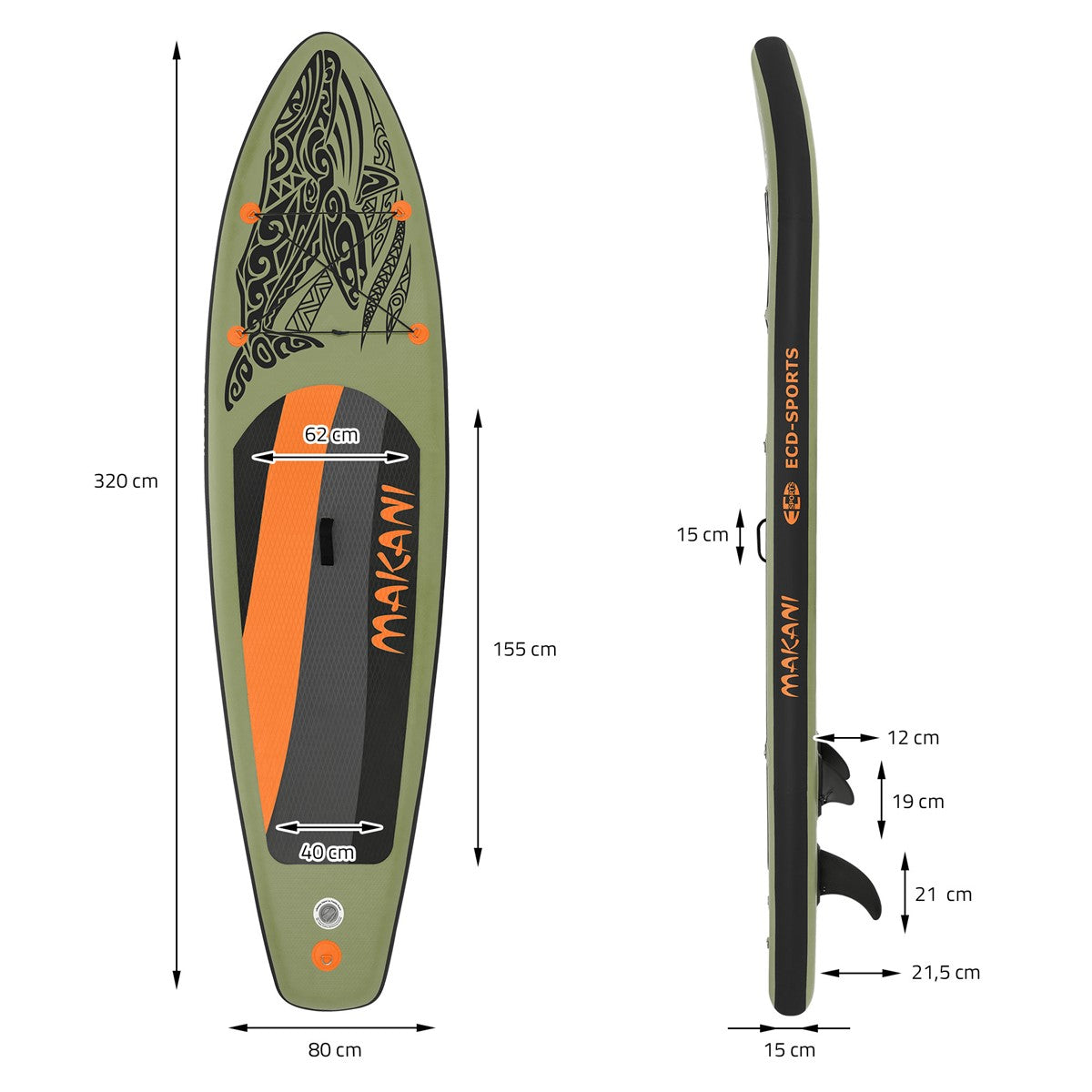 Seitenansicht eines grünen Stand Up Paddle Boards mit Maßangaben.