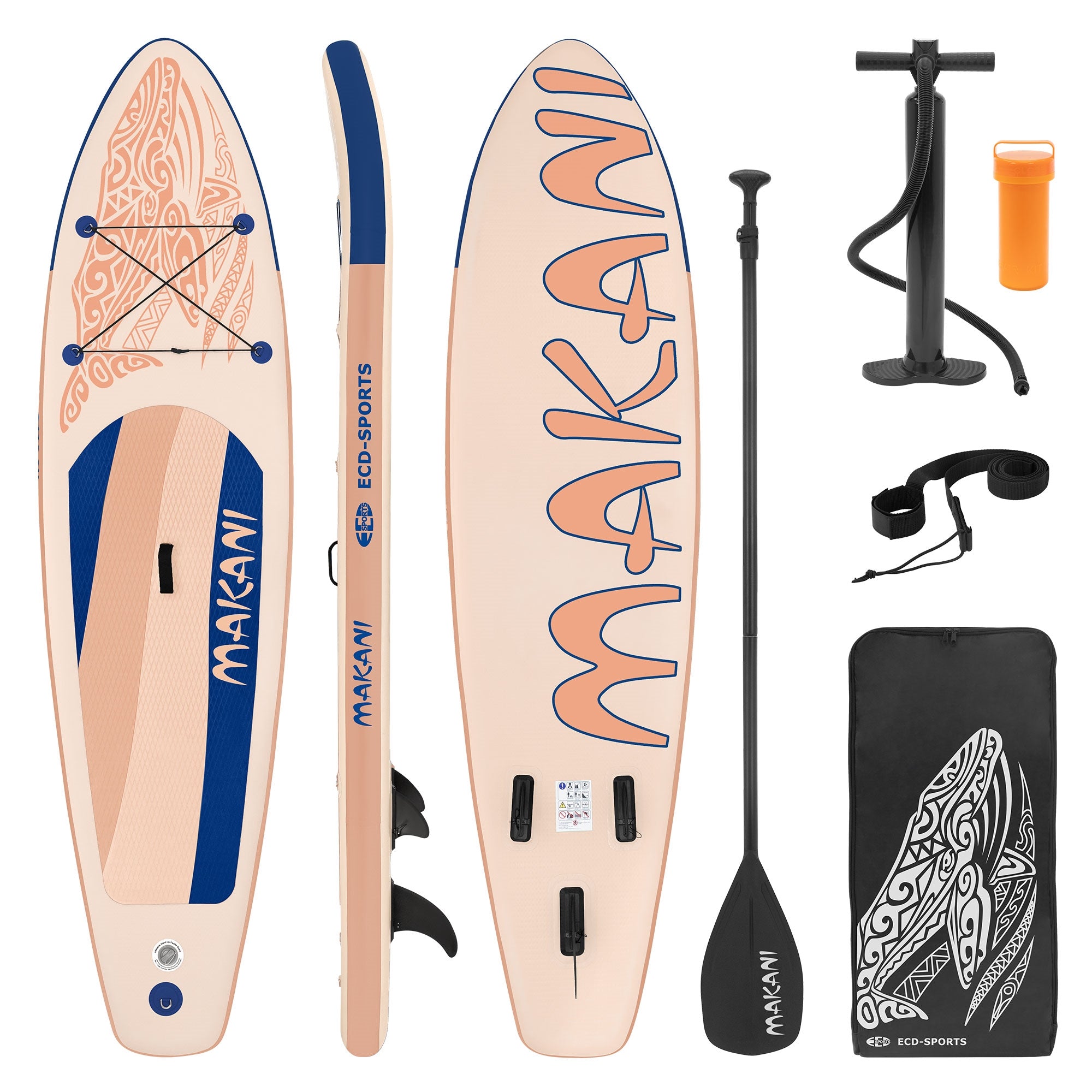 Paddleboard v jasných barvách s příslušenstvím jako pádlo a pumpa.