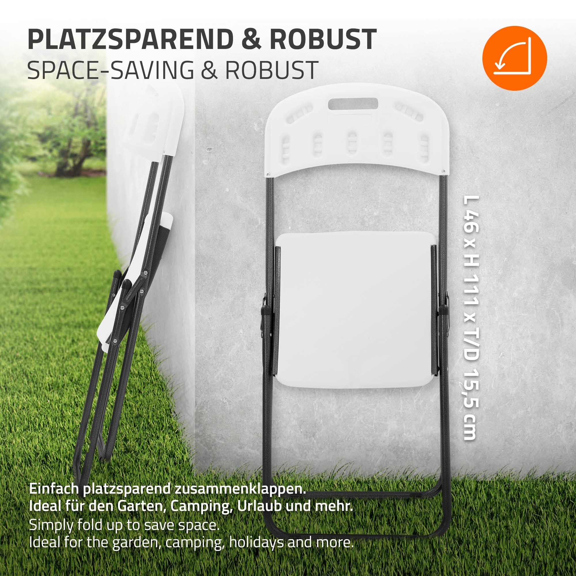 Ein Klappstuhl, der platzsparend zusammengeklappt ist.