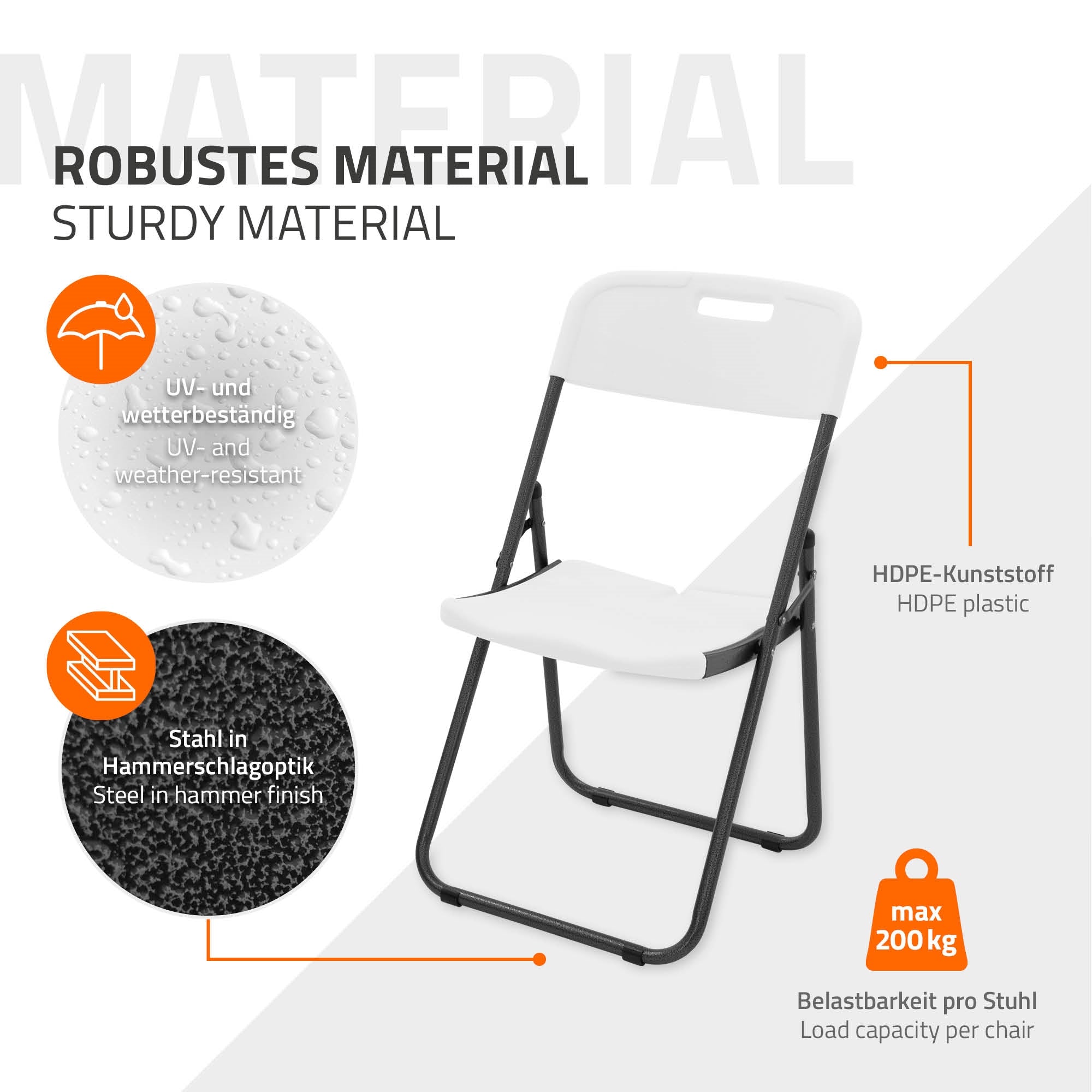 HDPE-muovista valmistettu taittotuoli mustalla teräsrakenteella, max. 200 kg kuormitettavissa.