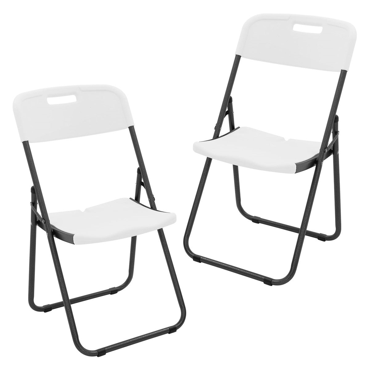 Two folding chairs with white seats and black frames.