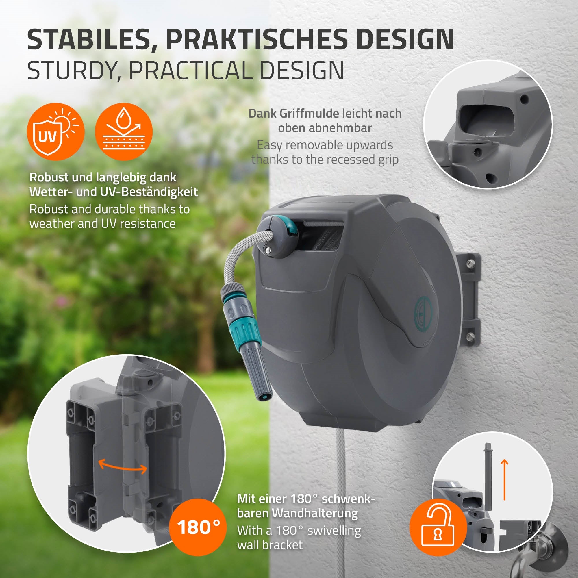 Grafik zeigt robustes Design einer Gartenschlauchaufwicklung.