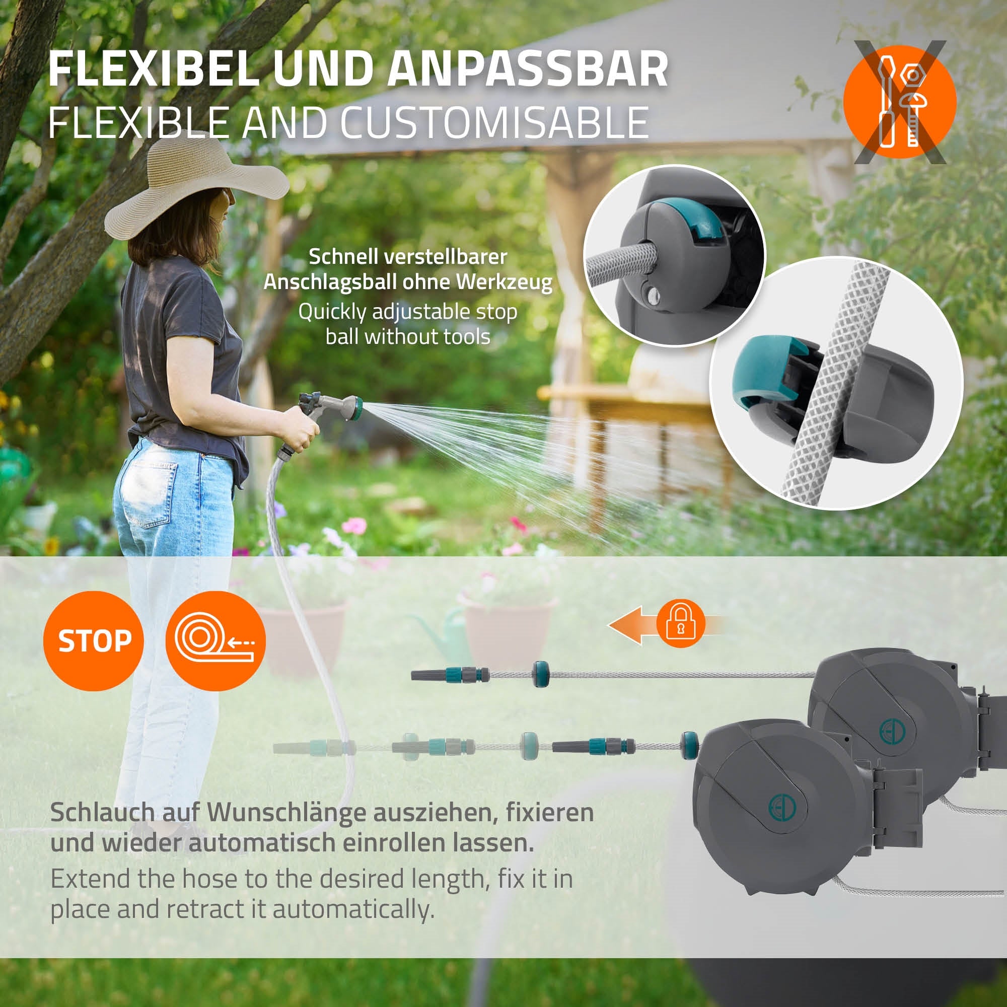 Gartenbewässerungssystem mit verstellbarem Schlauch und Stop-Funktion.