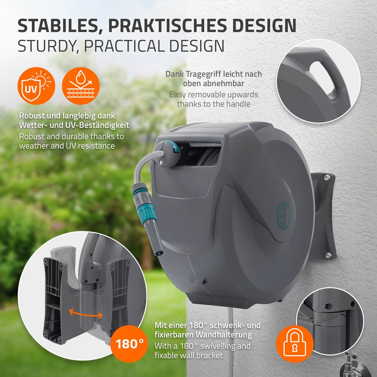 Wasserrolle mit Schlauch, an einer Wand montiert, mit einem Garten im Hintergrund.