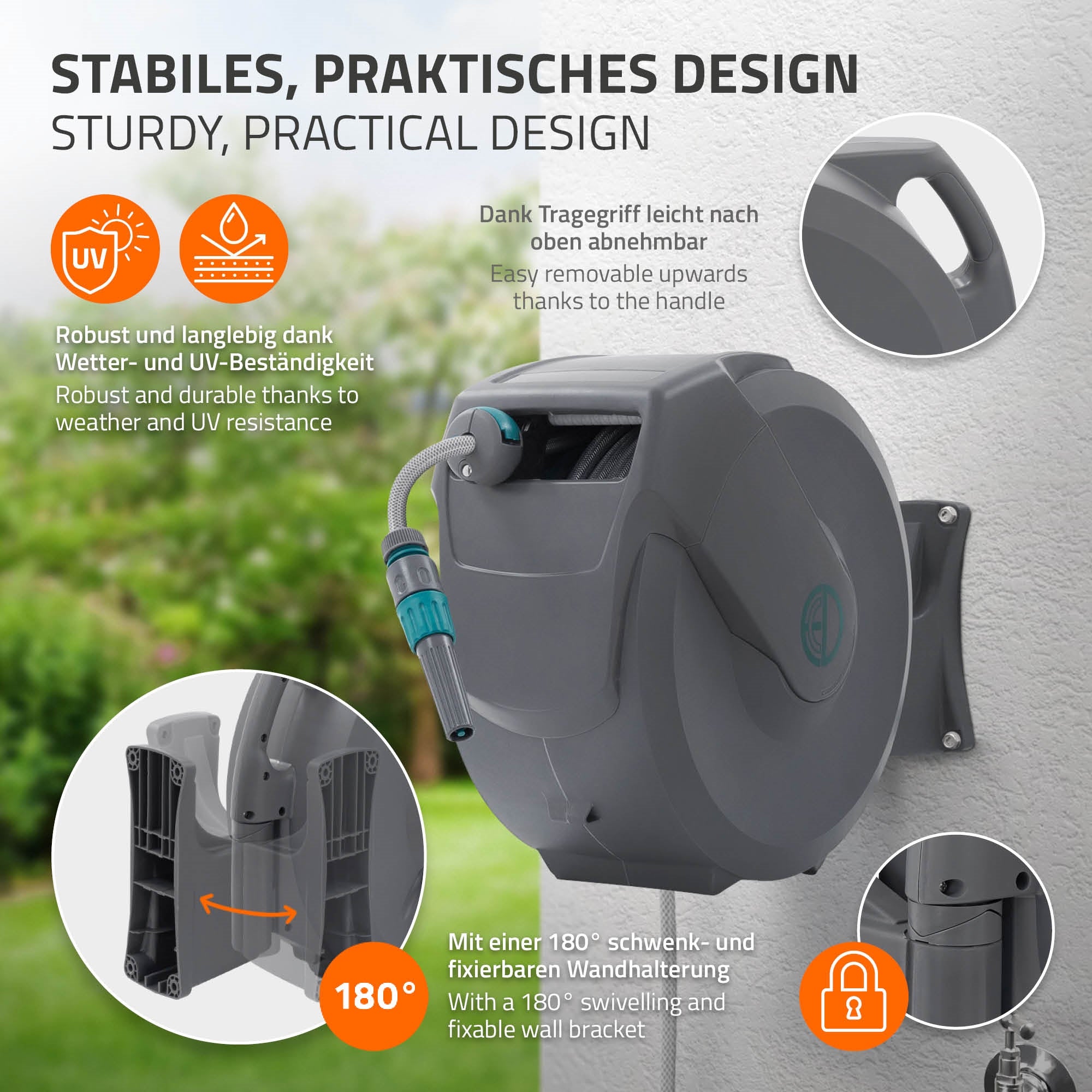Wasserrolle mit Schlauch, an einer Wand montiert, mit einem Garten im Hintergrund.