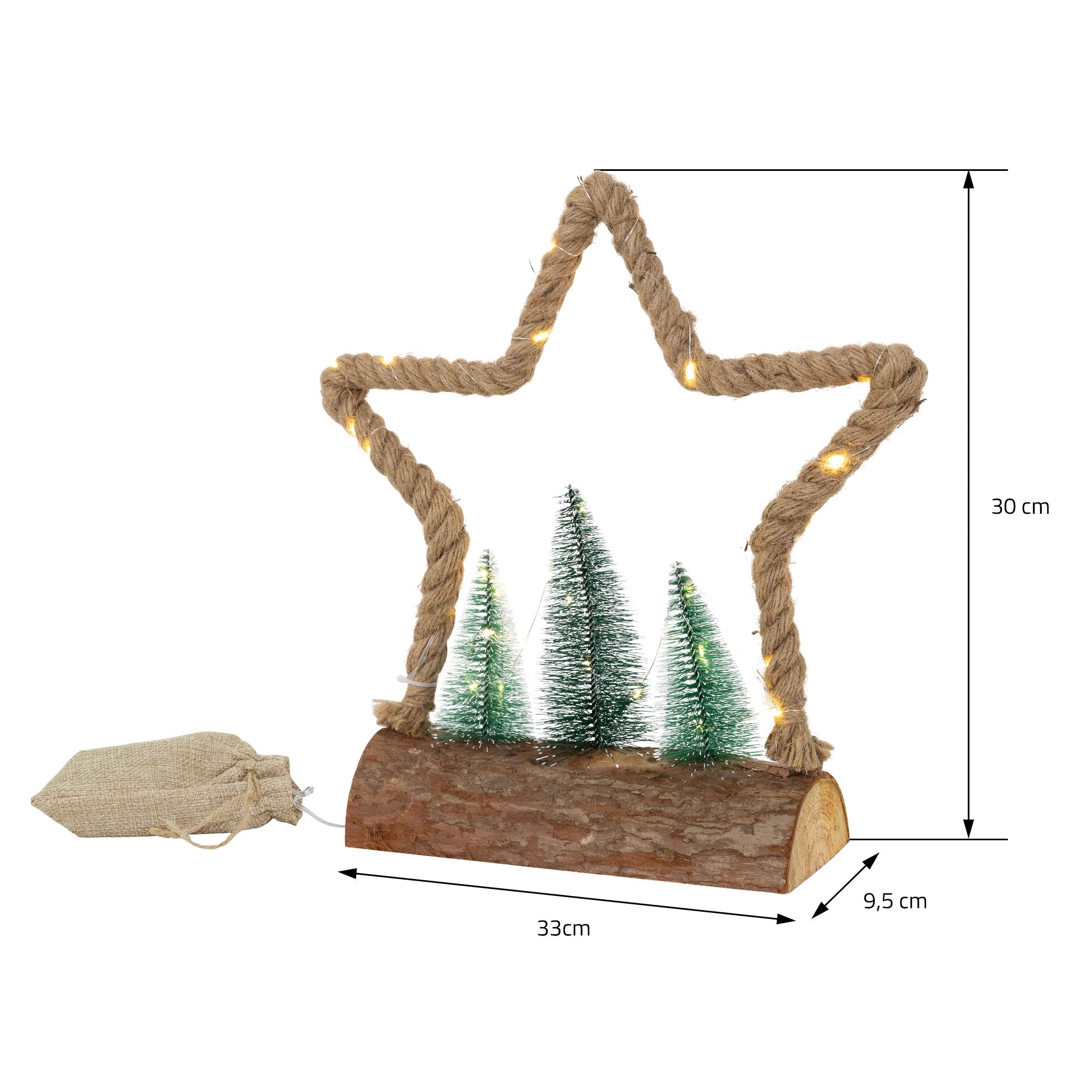 Méretek egy kötélből készült csillaghoz fákkal, 30 cm magas és 33 cm széles.
