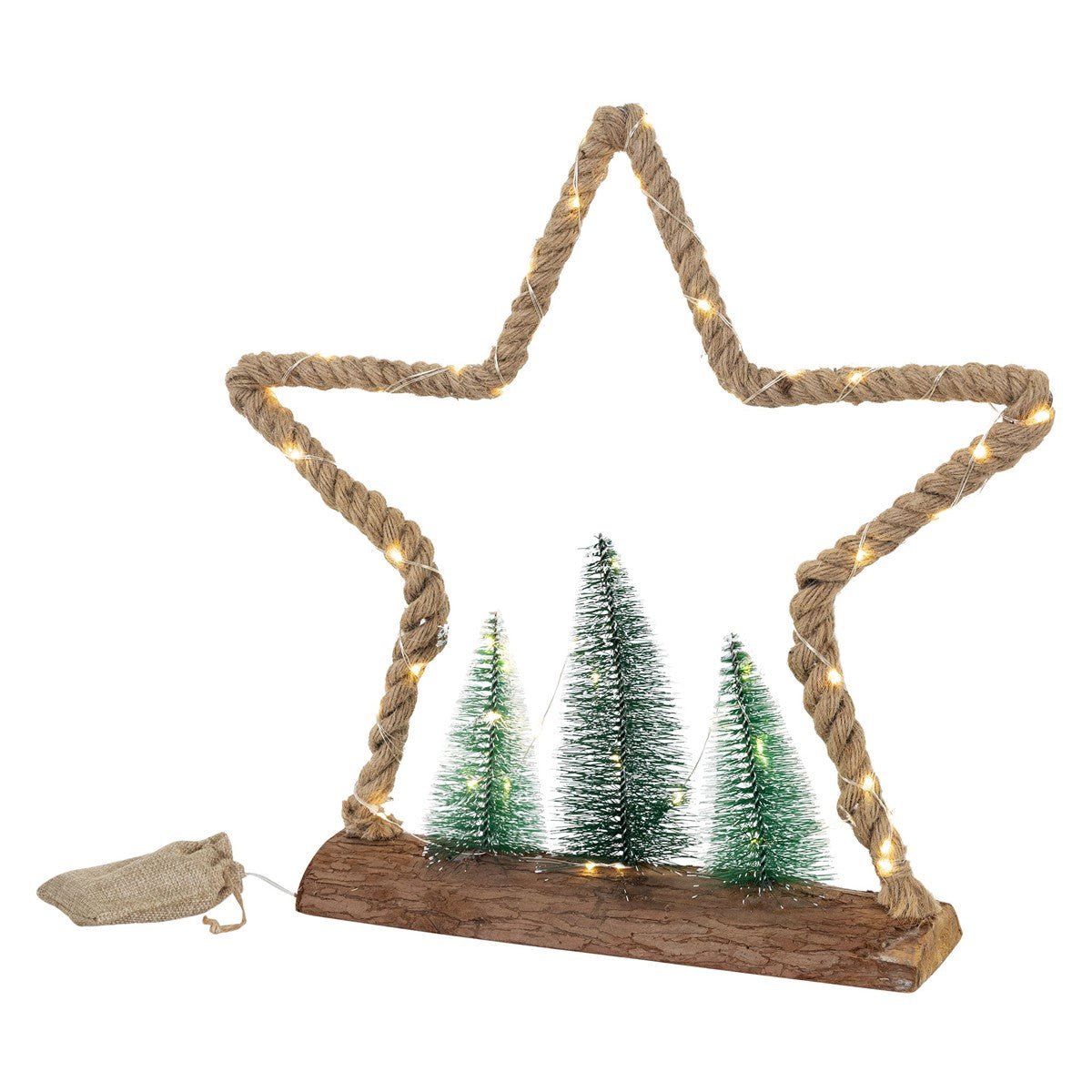 Rope star with lights and small green trees on a wooden base.