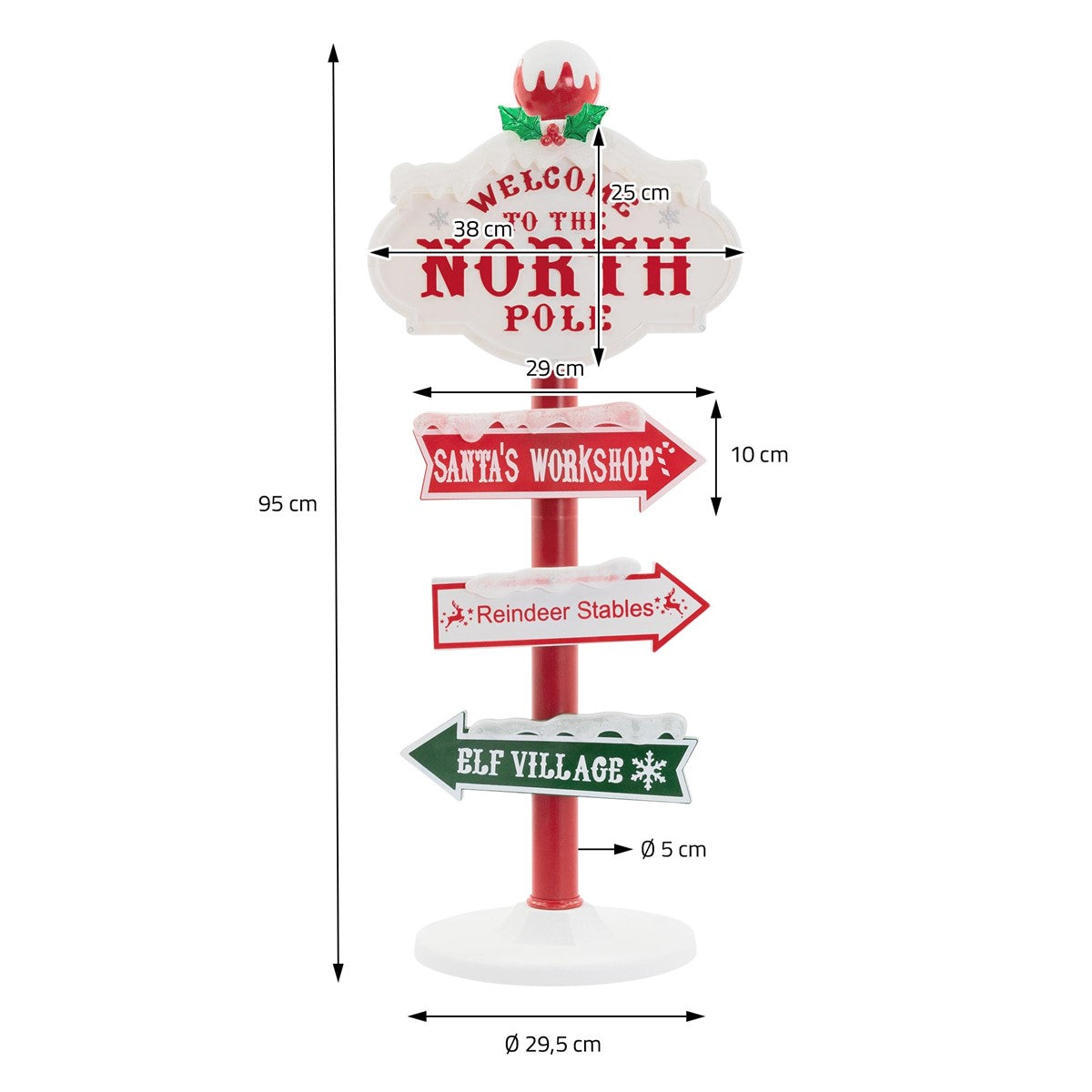 Schild mit Richtungspfeilen zum Nordpol, Santa's Werkstatt und Elfen-Dorf.
