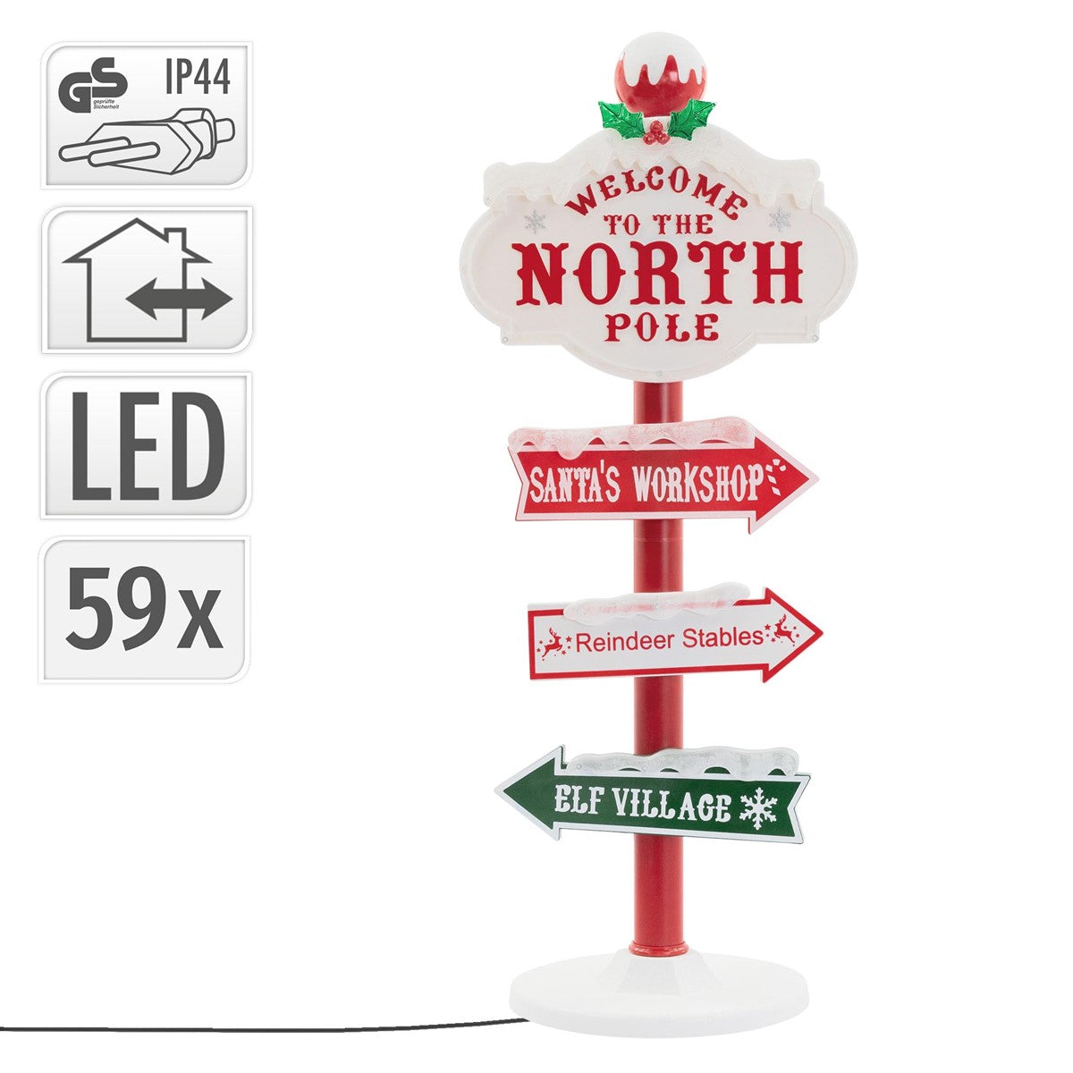 Schild mit Richtungspfeilen zum Nordpol, LED-Beleuchtung, Maße angegeben.