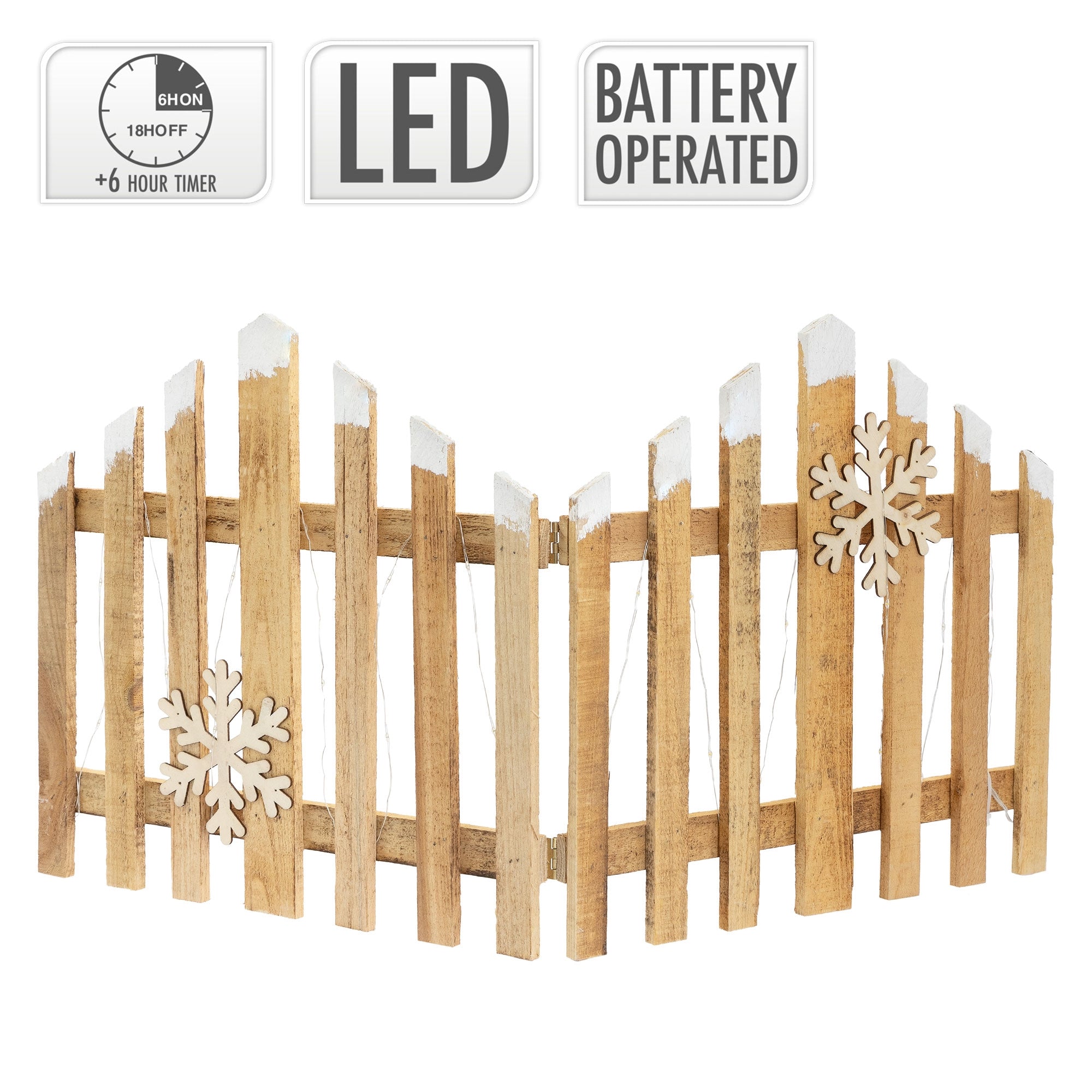 Holzzaun mit Schneeflocken und LED-Beleuchtung.