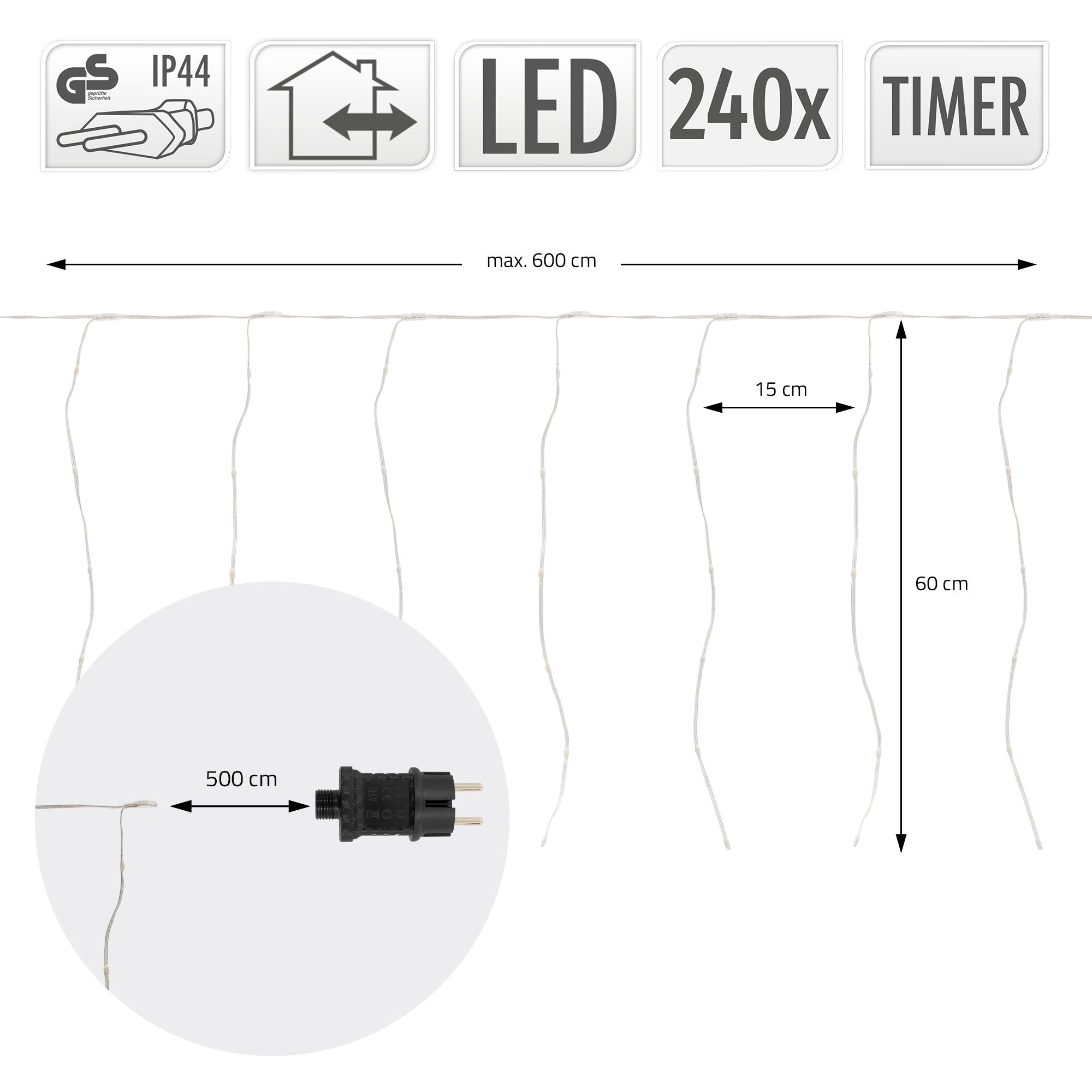 LED fényfüzér 240 fényforrással, max. 600 cm, időzítő, 15 cm távolság a szálak között.