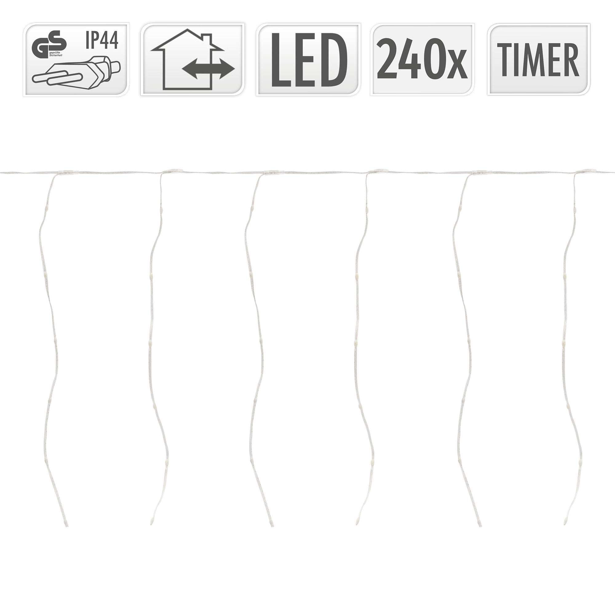 Fényfüzér LED-del, 240 fény, időzítő funkció, IP44 védettség.