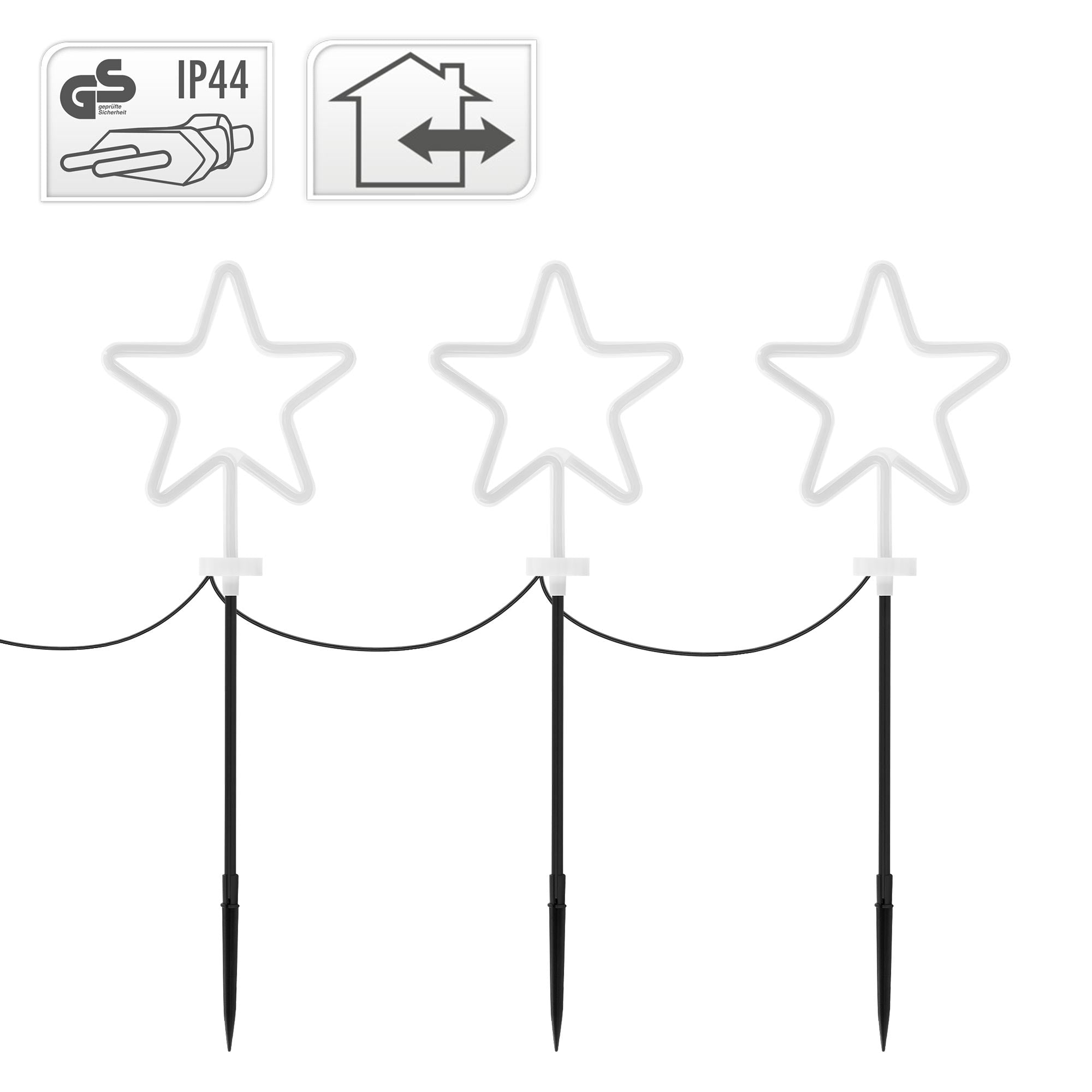 Drei leuchtende Sterne auf einem Kabel mit Erdspießen, mit Sicherheitszeichen.