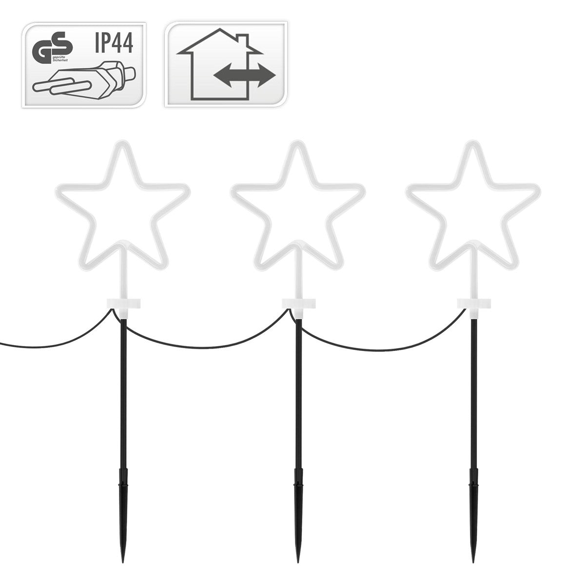 Drei leuchtende Sterne auf einem Kabel mit Erdspießen, mit Sicherheitszeichen.