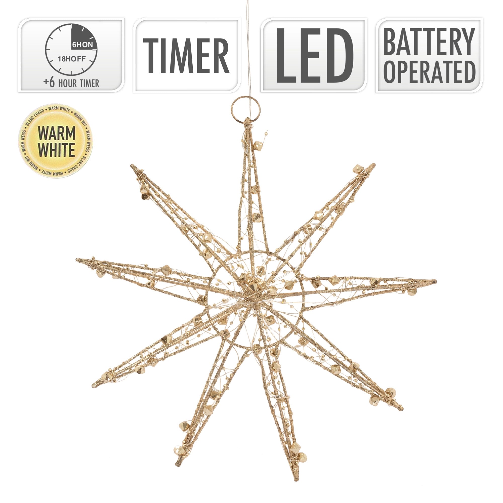 Une étoile de Noël dorée avec minuterie et éclairage LED.