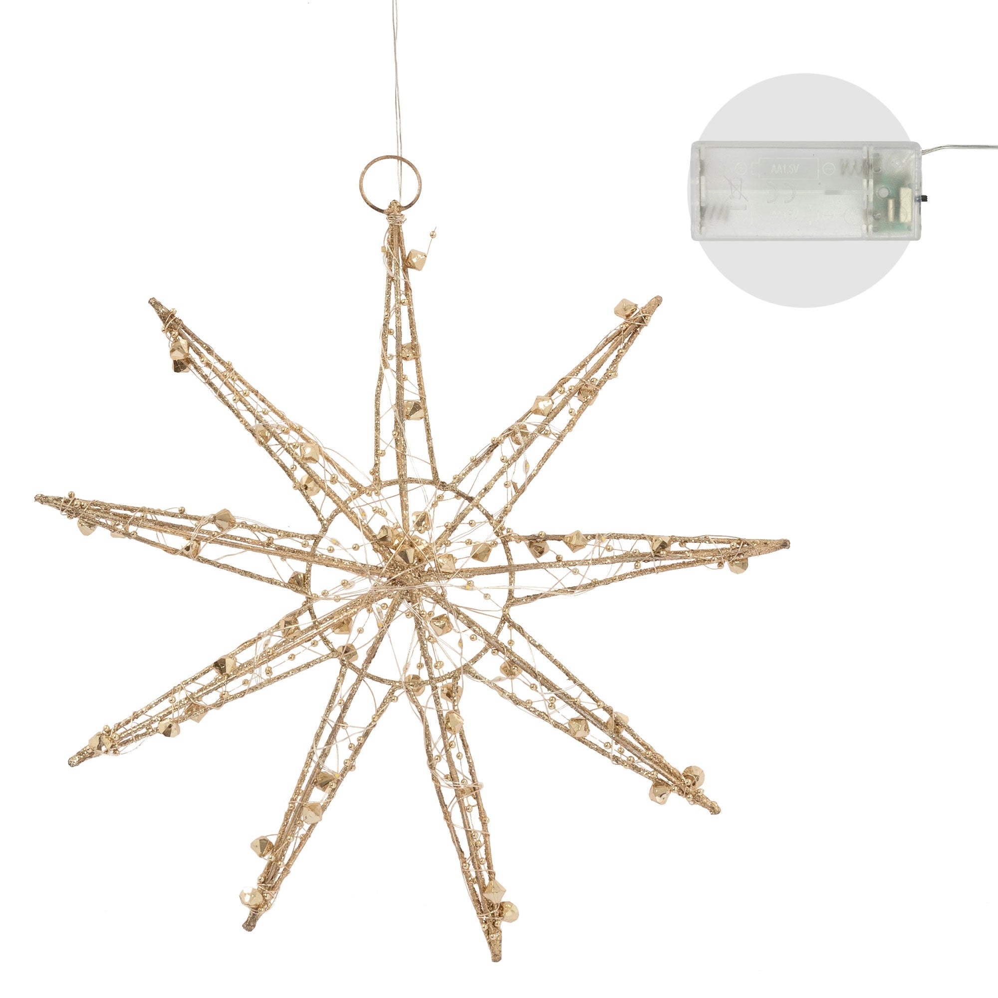 Étoile de Noël dorée avec lumières, suspendue à un fil.