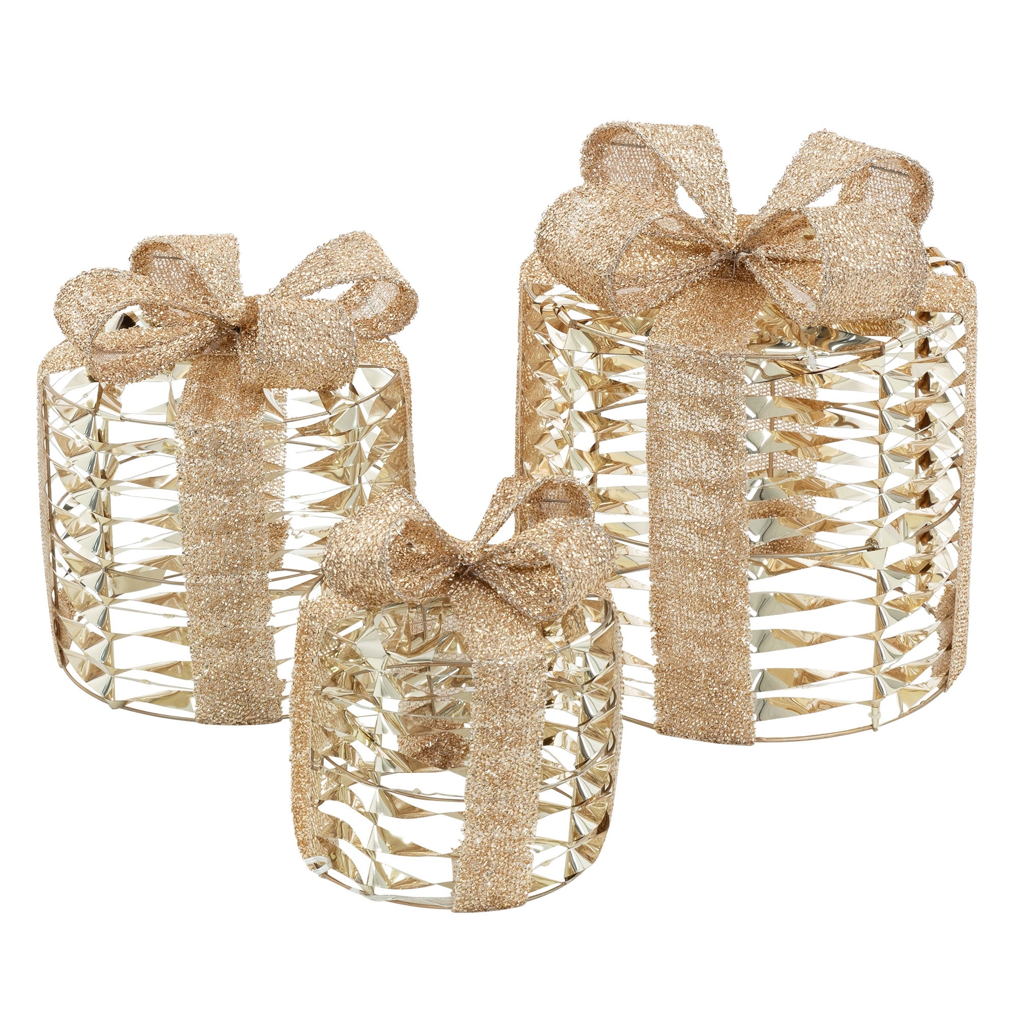 Drei goldene Geschenkpäckchen mit Schleifen in verschiedenen Größen.