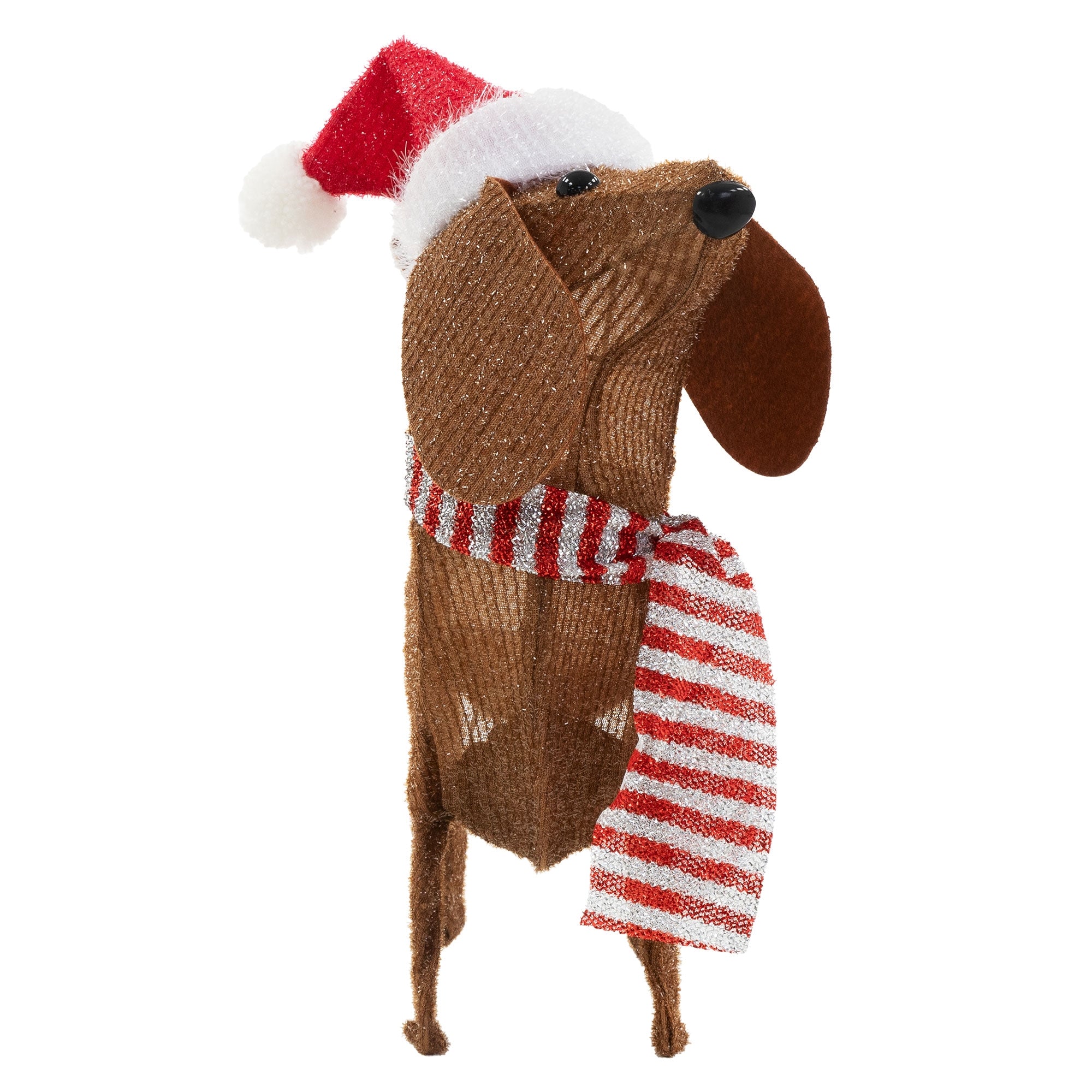 Brauner Hund aus Draht mit Weihnachtsmütze und gestreiftem Schal.