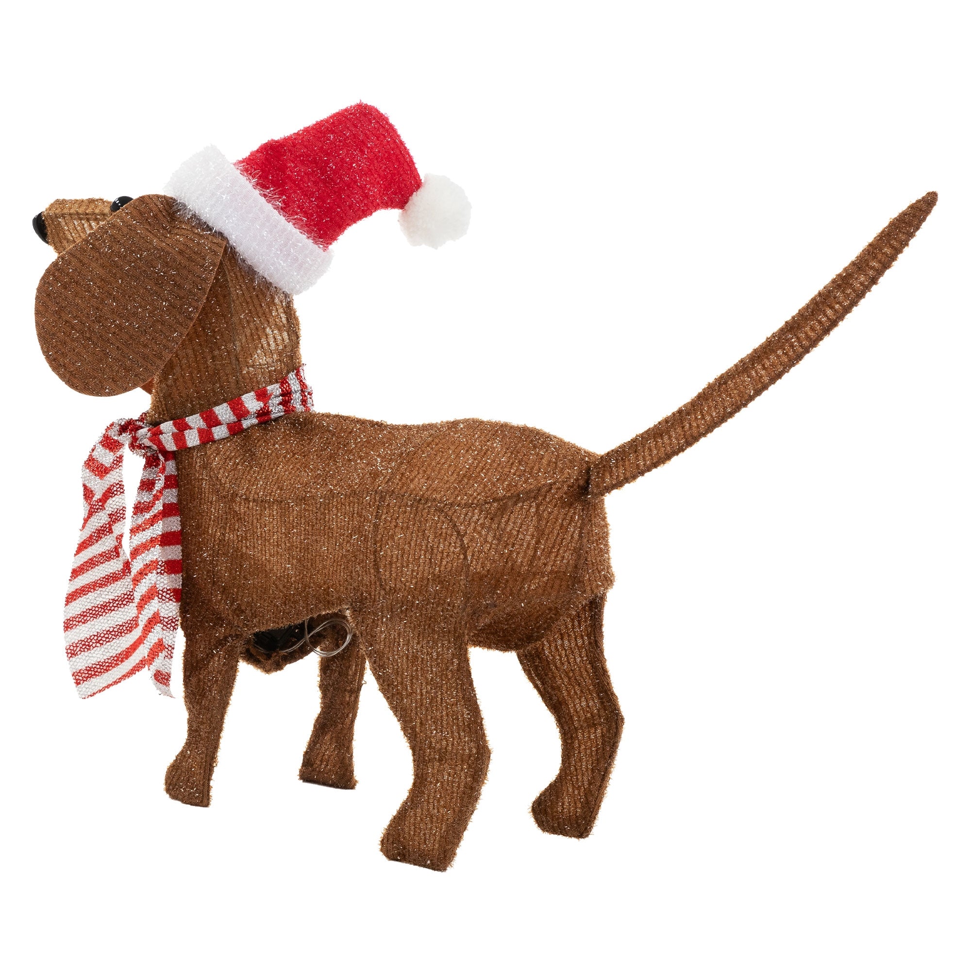 Brauner Hund mit Weihnachtsmütze und Halstuch.