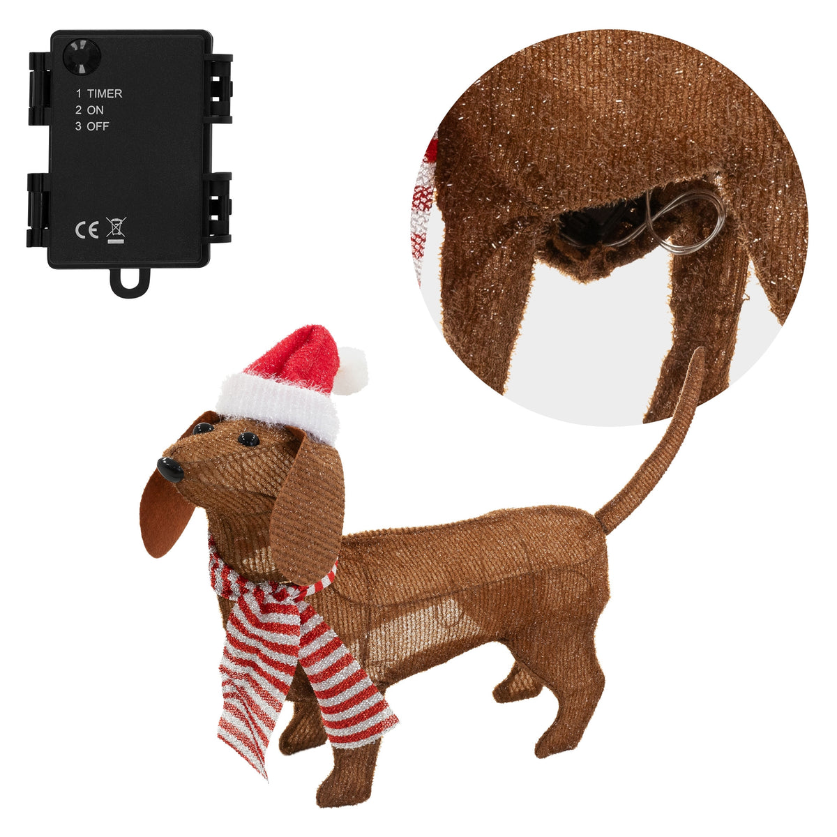 Ein dekorativer Hund aus Draht mit Weihnachtsmütze und Schal.