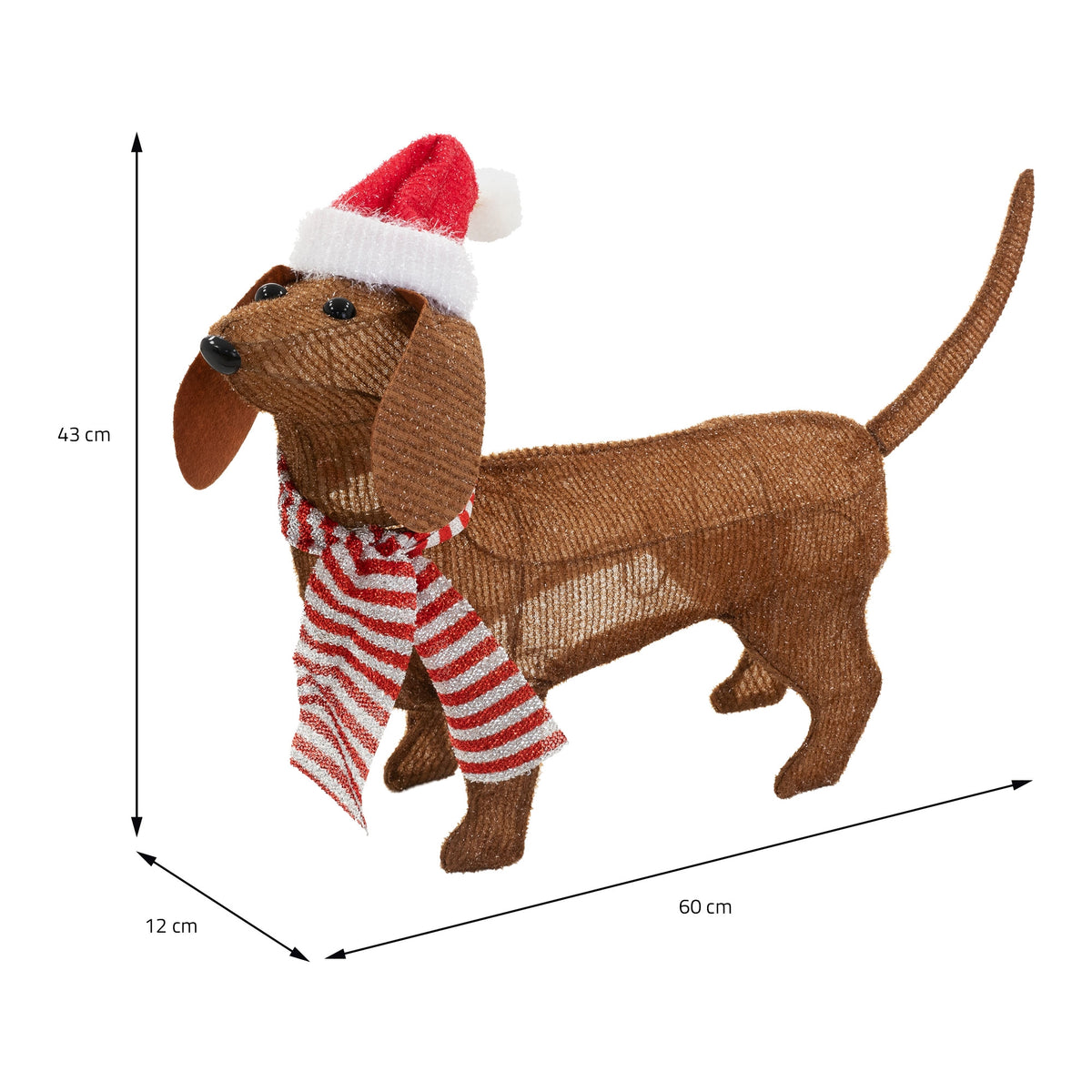 Deko-Hund aus Draht mit Weihnachtsmütze und Schal, 43 cm hoch.