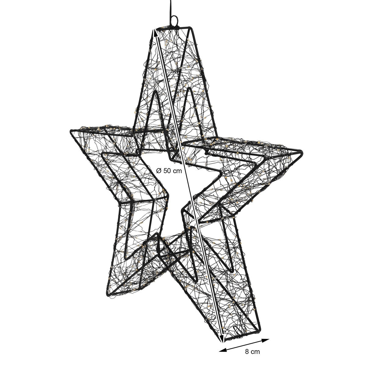 Una estrella negra de alambre de 50 cm, colgada.