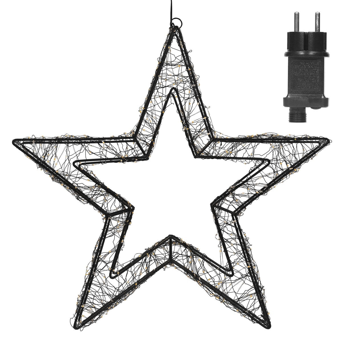 Estrella negra luminosa de alambre con luces transparentes y enchufe.