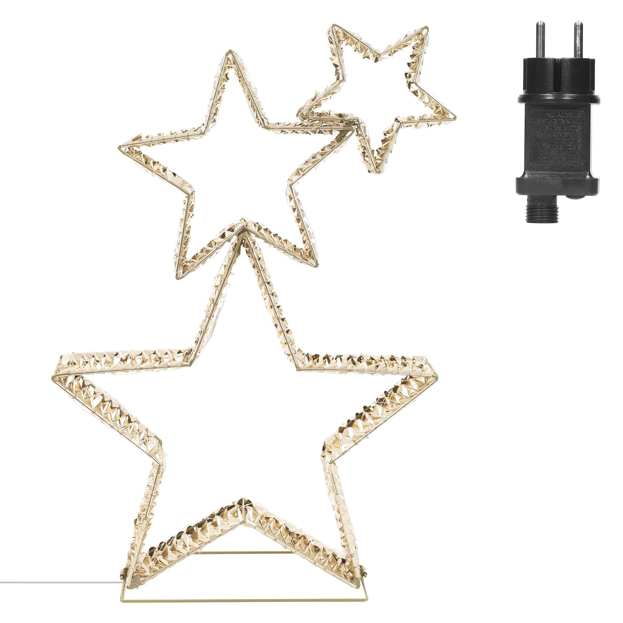 Dos estrellas brillantes en dorado sobre una base, al lado un enchufe.