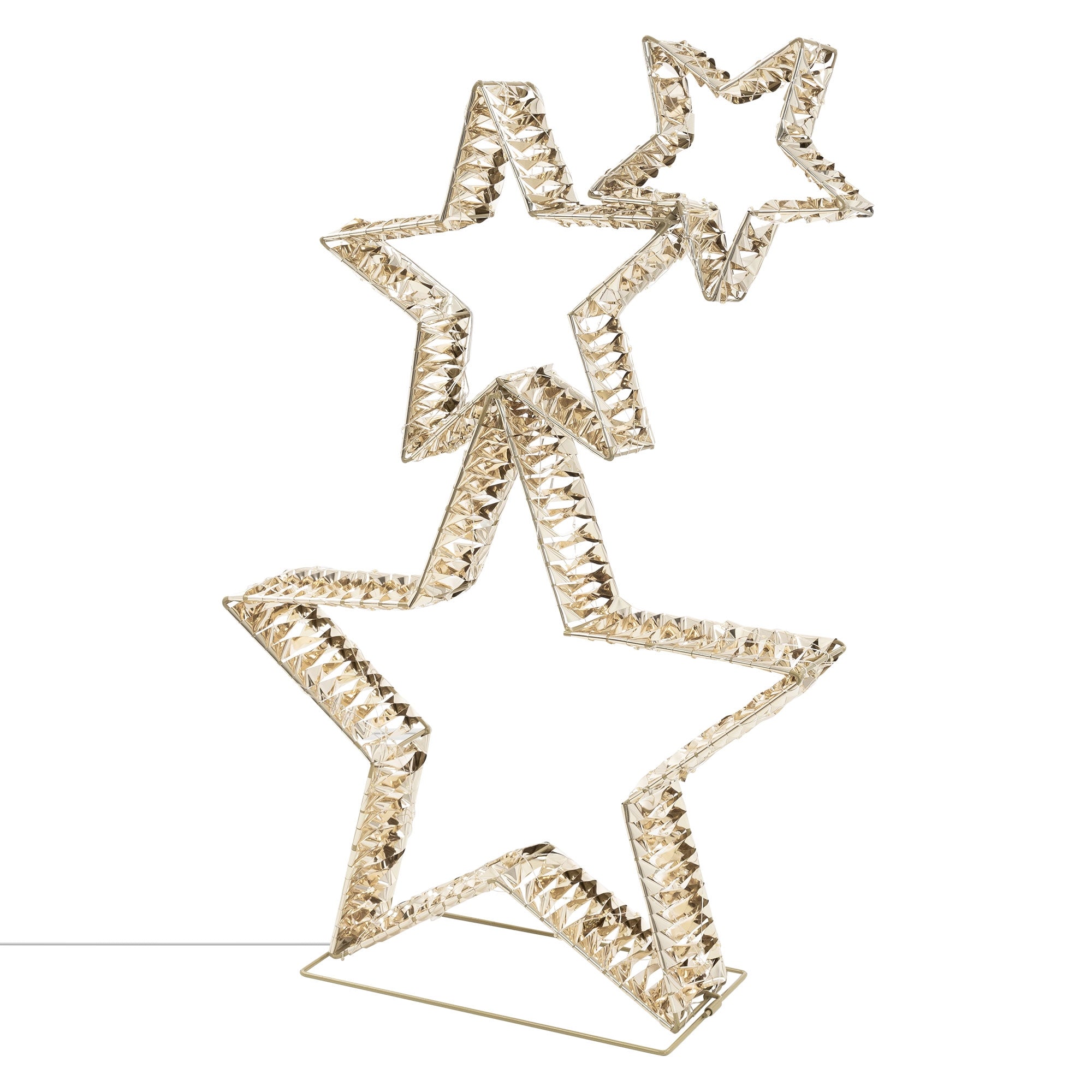 Tres estrellas de Navidad doradas y transparentes en diferentes tamaños.