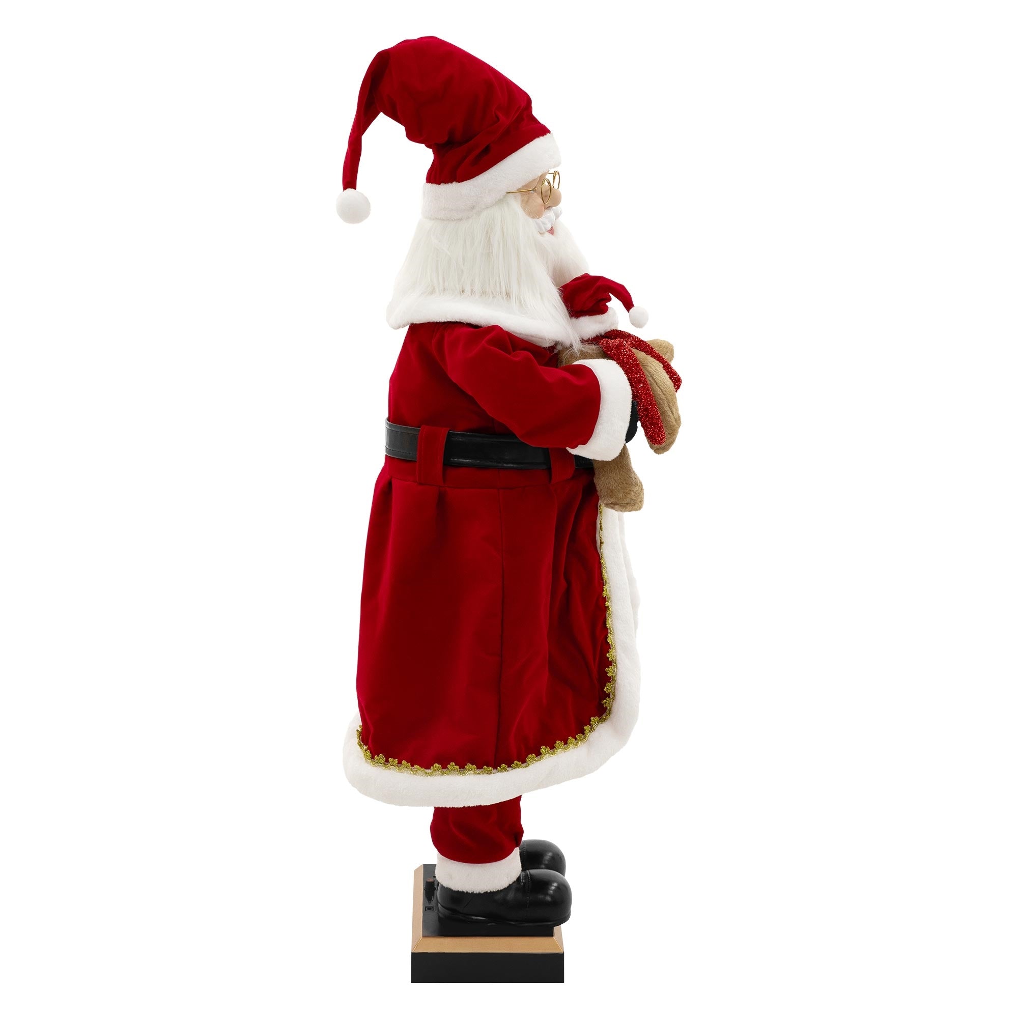 Weihnachtsmann-Figur in rotem Anzug mit Geschenken in der Hand.
