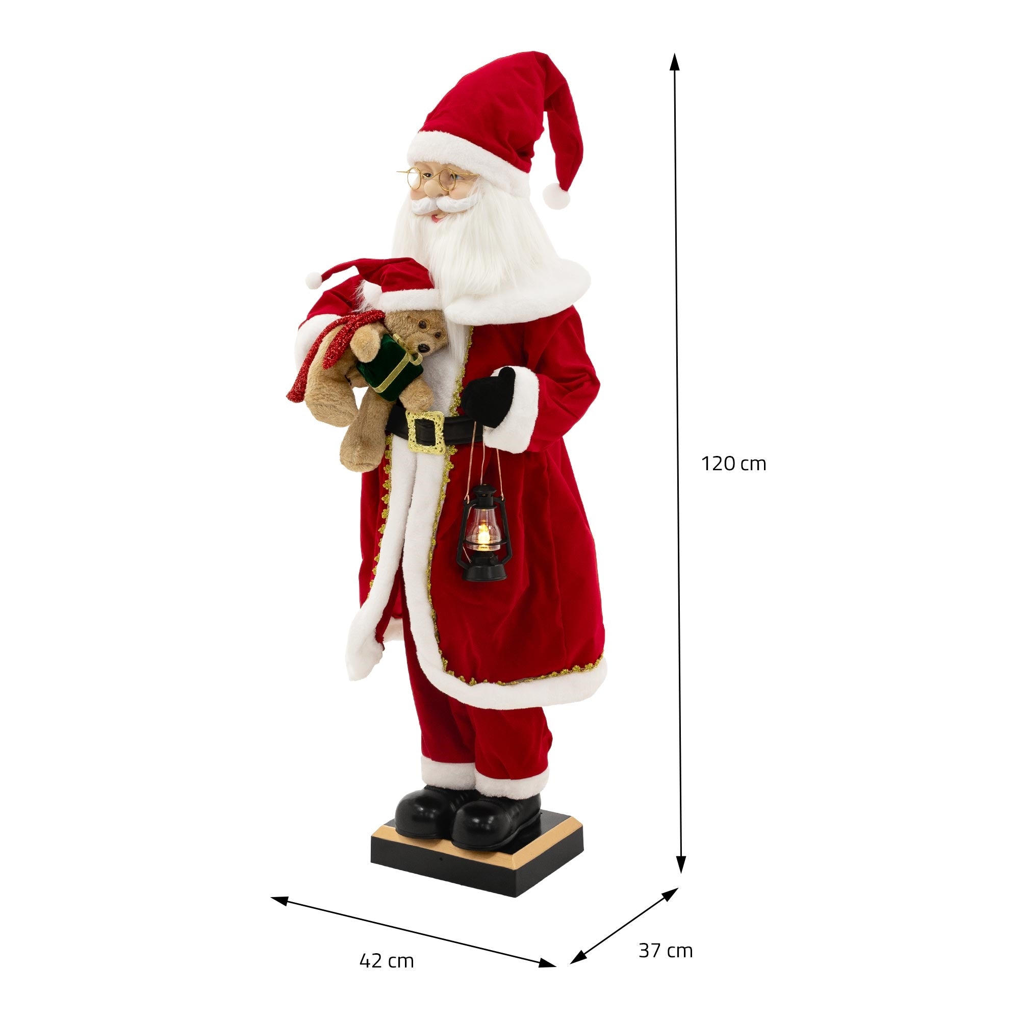 Weihnachtsmann mit rotem Mantel, weißem Bart und Teddybär, 120 cm hoch.