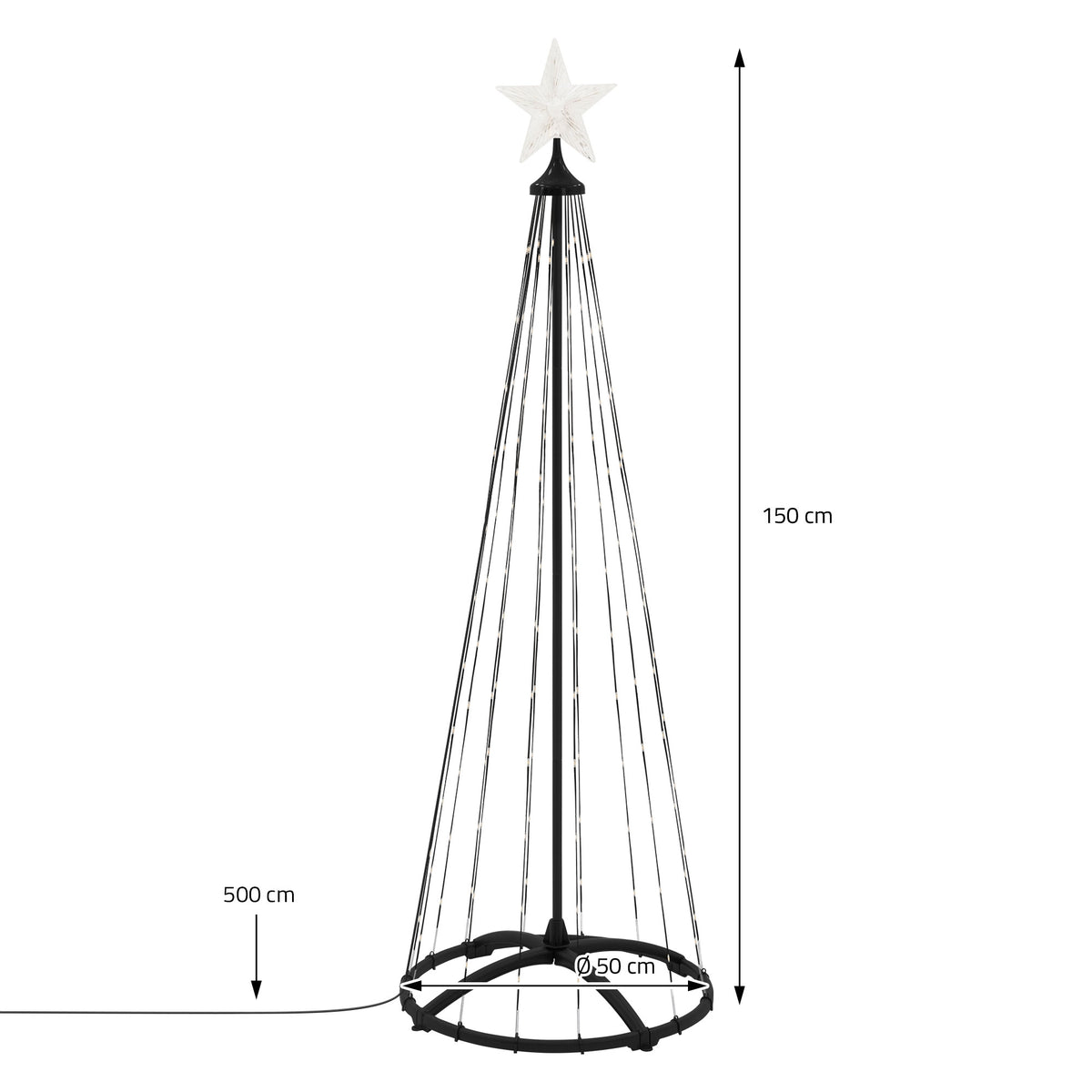 Weihnachtsbaum aus Lichtern mit Stern, Höhe 150 cm, Durchmesser 50 cm.