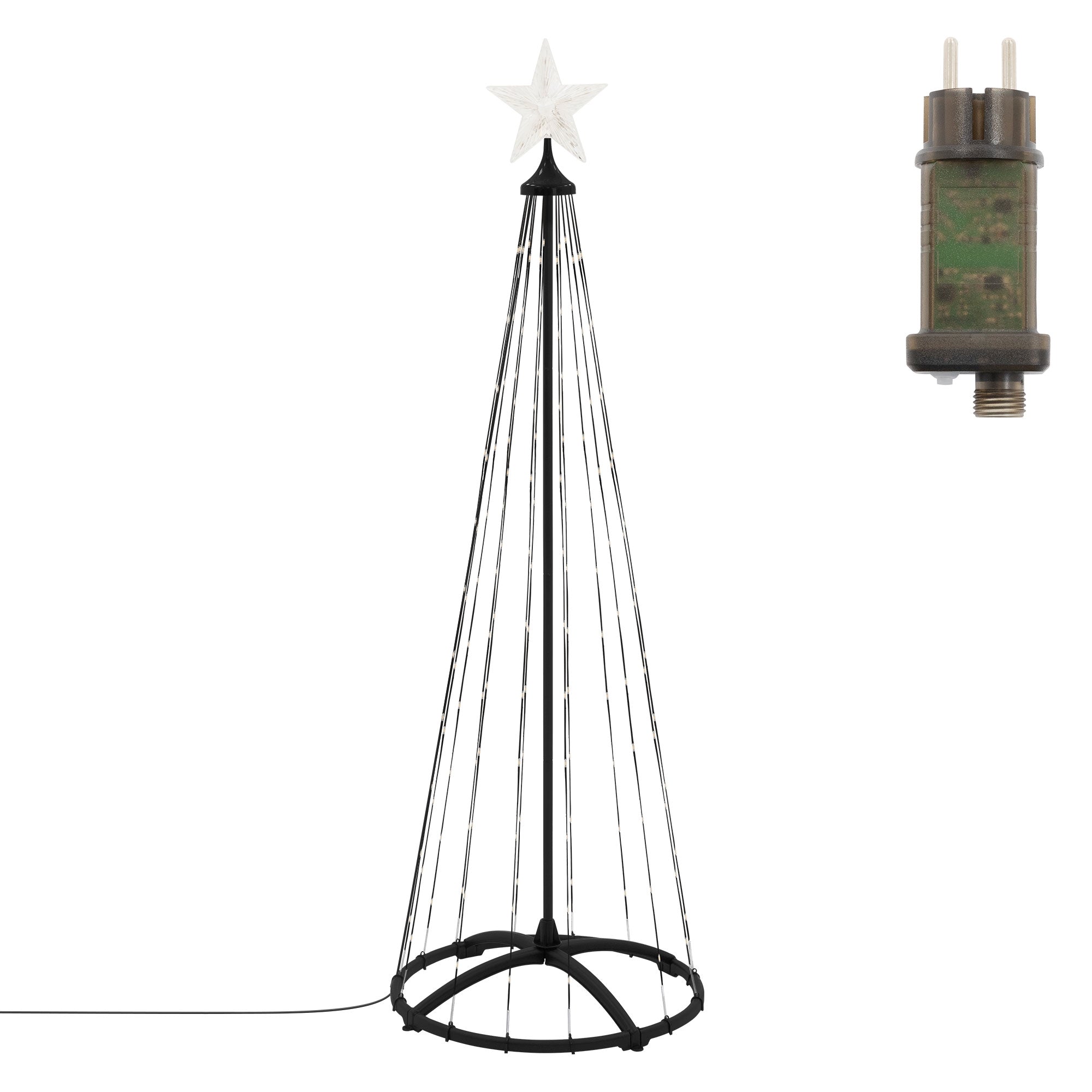 Schwarz-weißer Weihnachtsbaum mit Stern und Lichtern.