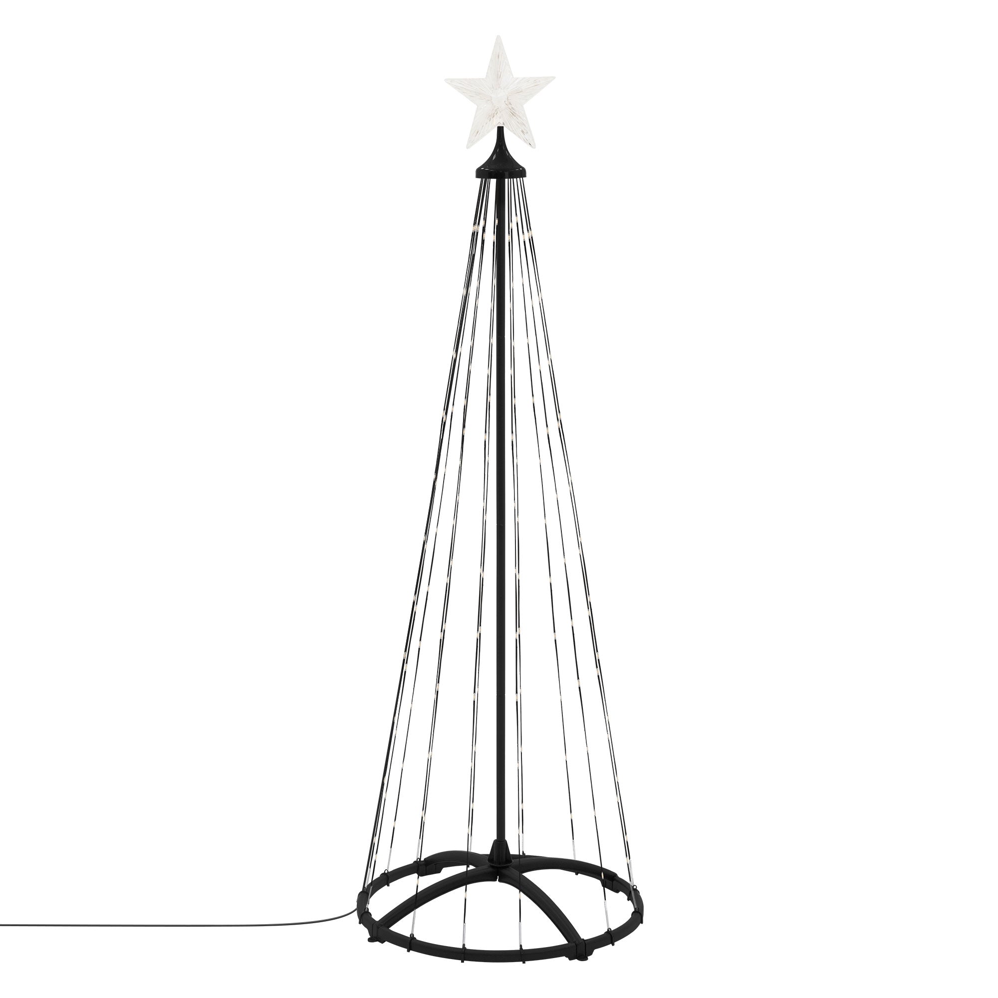 Schwarz-weißer Weihnachtsbaum mit Stern an der Spitze.