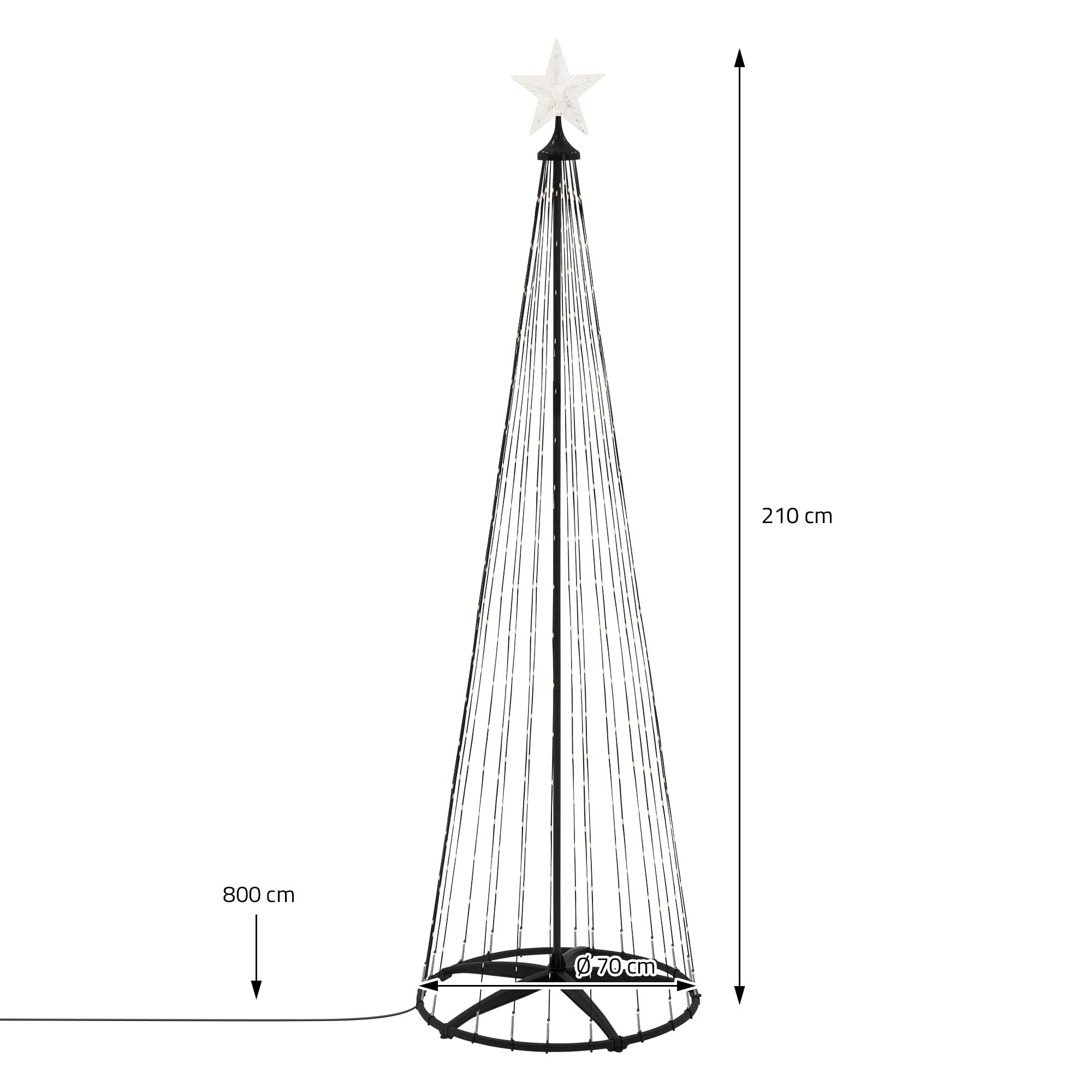 Weihnachtsbaum aus Lichtern mit Stern, Höhe 210 cm, Durchmesser 70 cm.