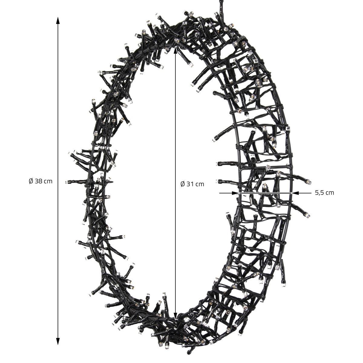 Dimensioni di una ghirlanda ovale di rami, diametro 38 cm.