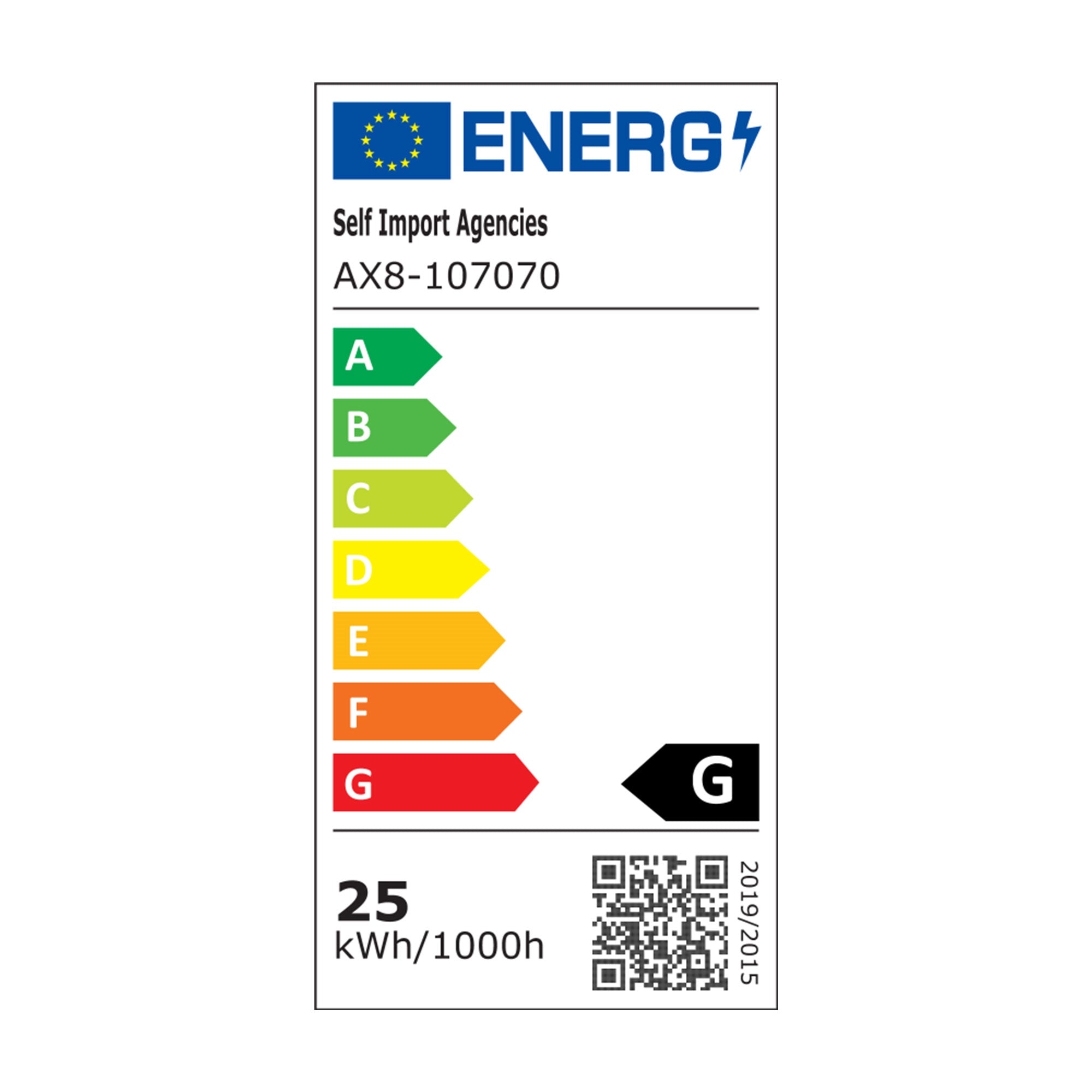 Ein Energielabel mit den Klassen A bis G und einer Angabe von 25 kWh/1000h.