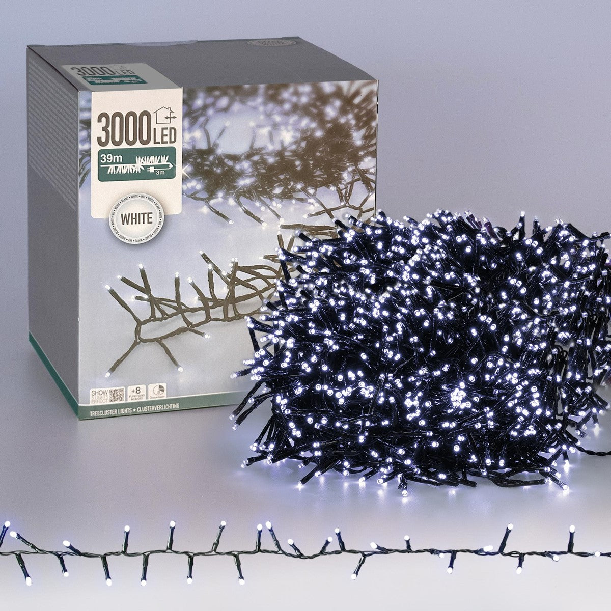 Verpackung mit Lichterkette und einer Rolle mit weißen LED-Lichtern.