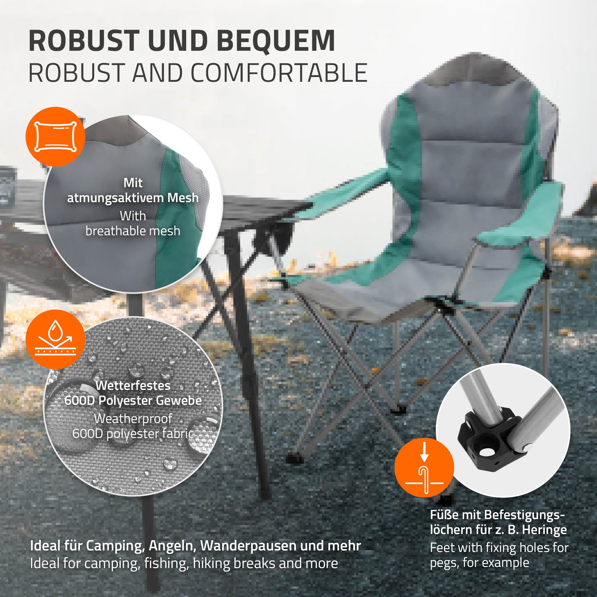 Ein Campingstuhl mit atmungsaktivem Mesh und wetterfestem Gewebe.