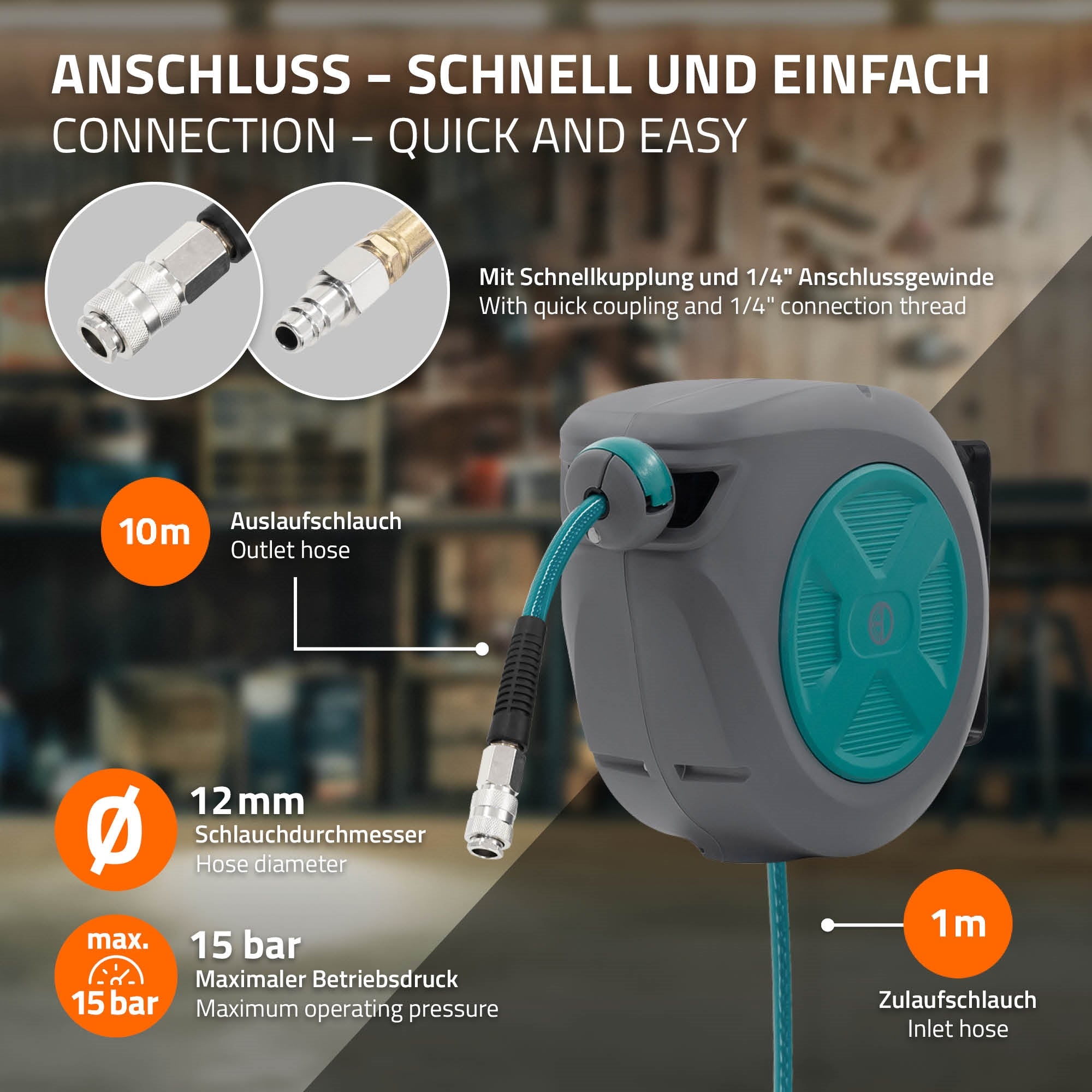 Graues Gerät mit grünem Schlauch, technische Details und Symbole auf einem dunklen Hintergrund.