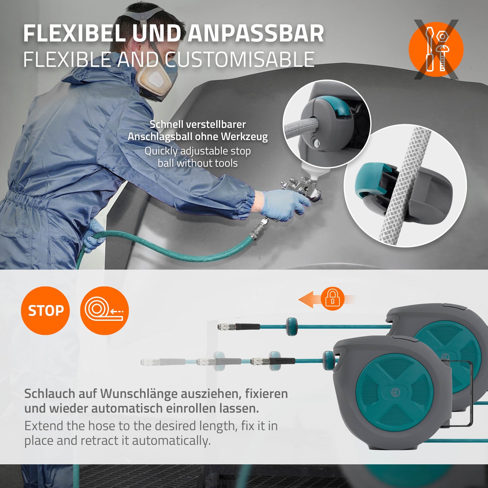Grafik zu flexiblen und anpassbaren Eigenschaften eines Schlauchaufrollers.