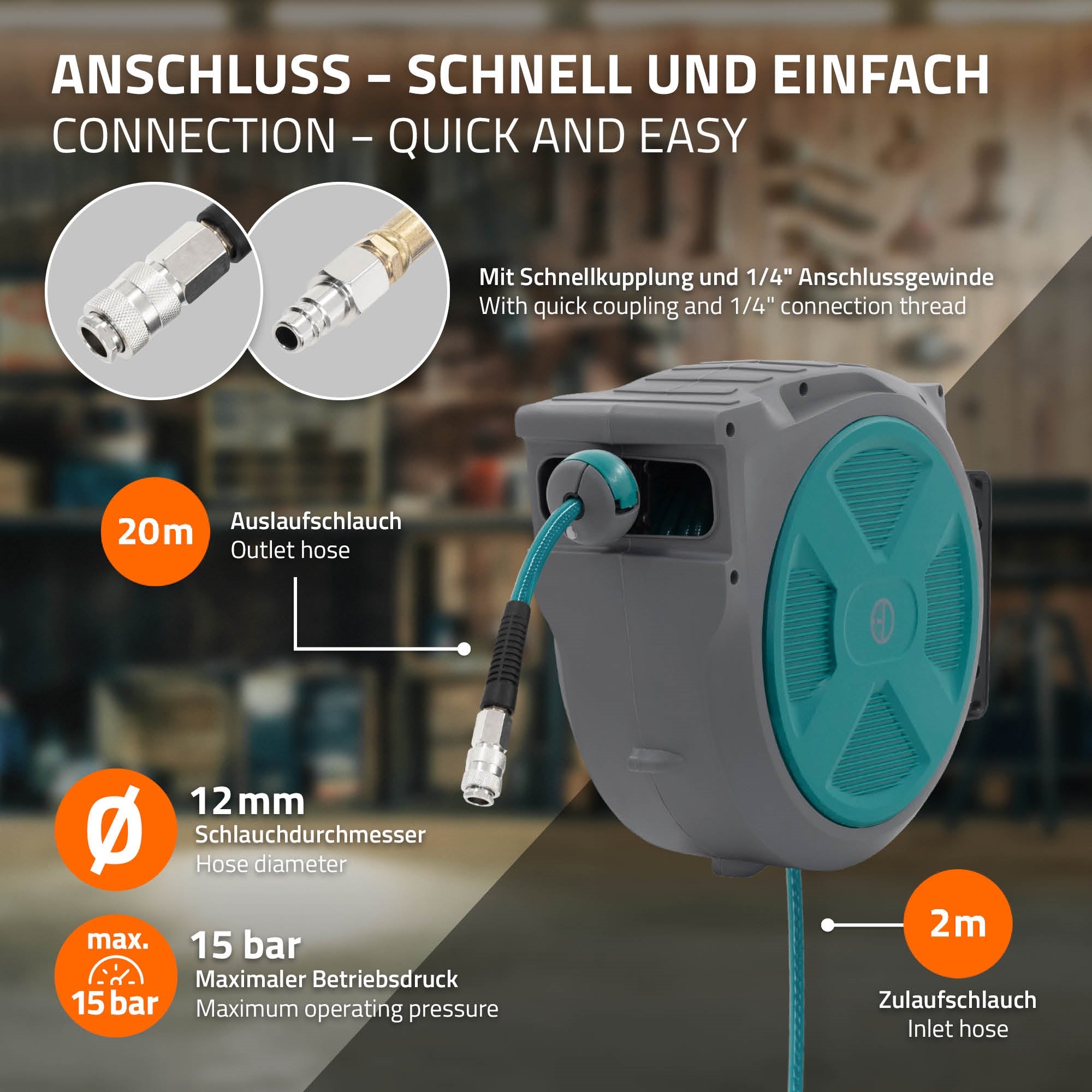 Wasseranschluss mit Schlauch und technischen Details zu Druck und Durchmesser.