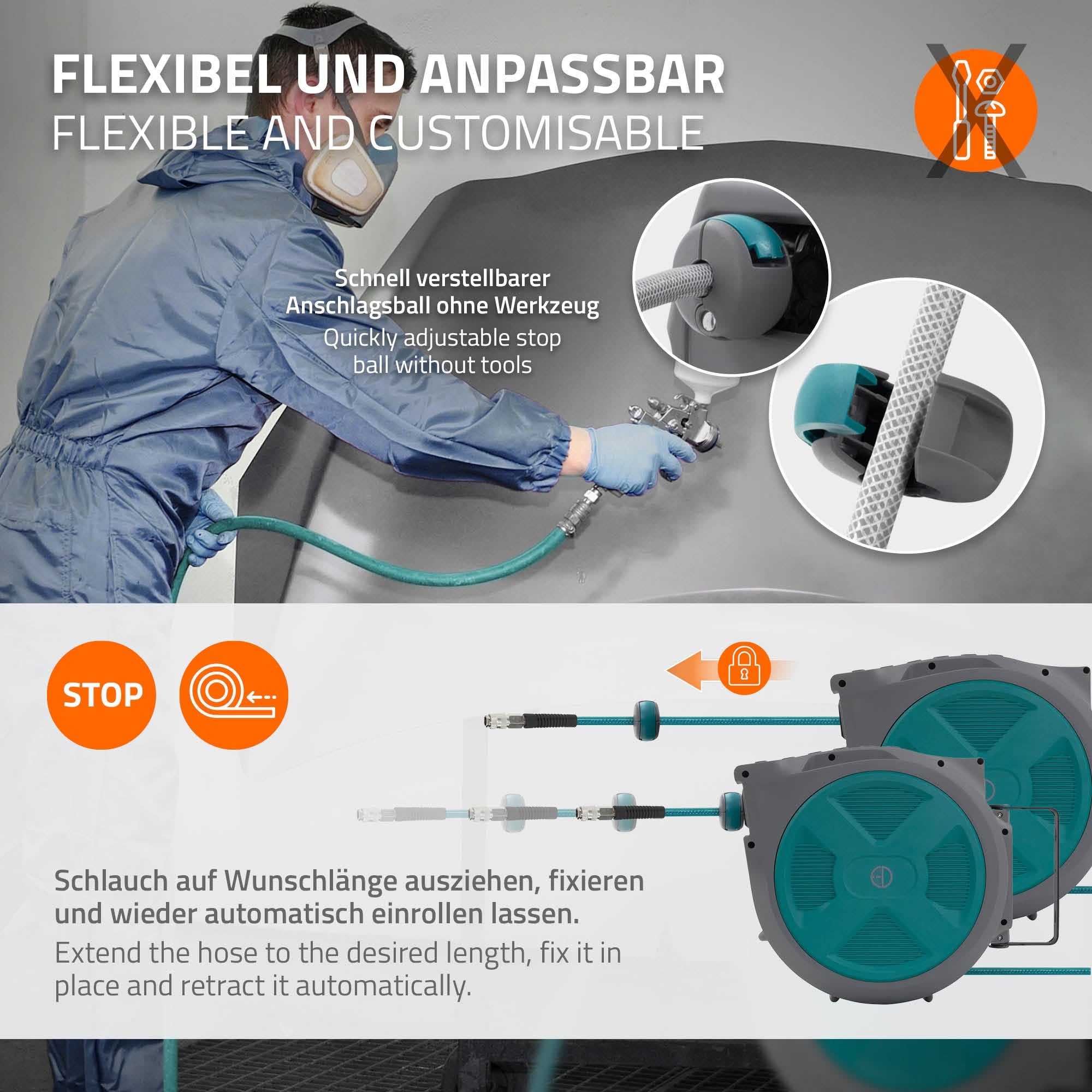 Person in Schutzkleidung stellt einen flexiblen Schlauch ein.