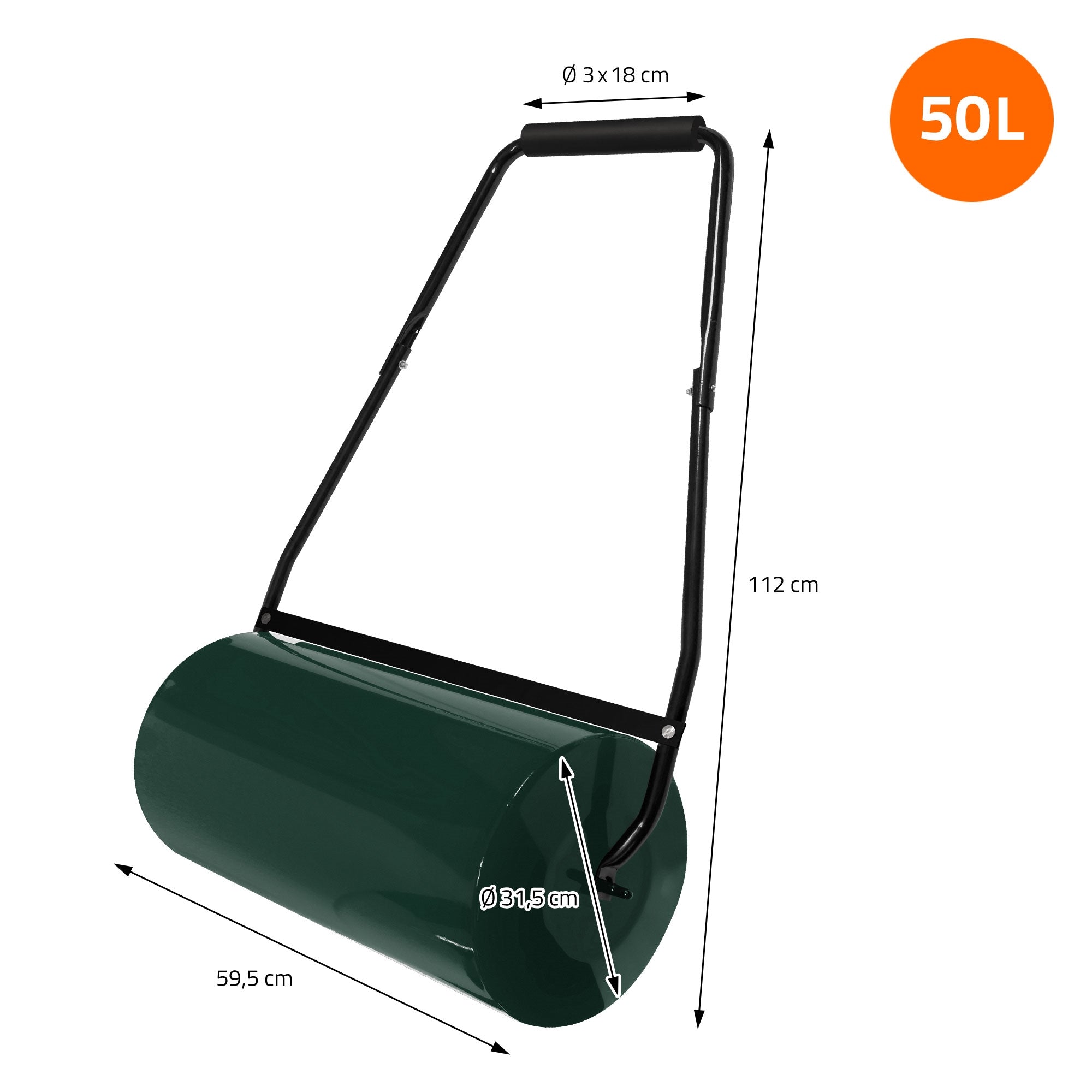 Grüne Rasenwalze mit einem Durchmesser von 18 cm und einer Länge von 112 cm.