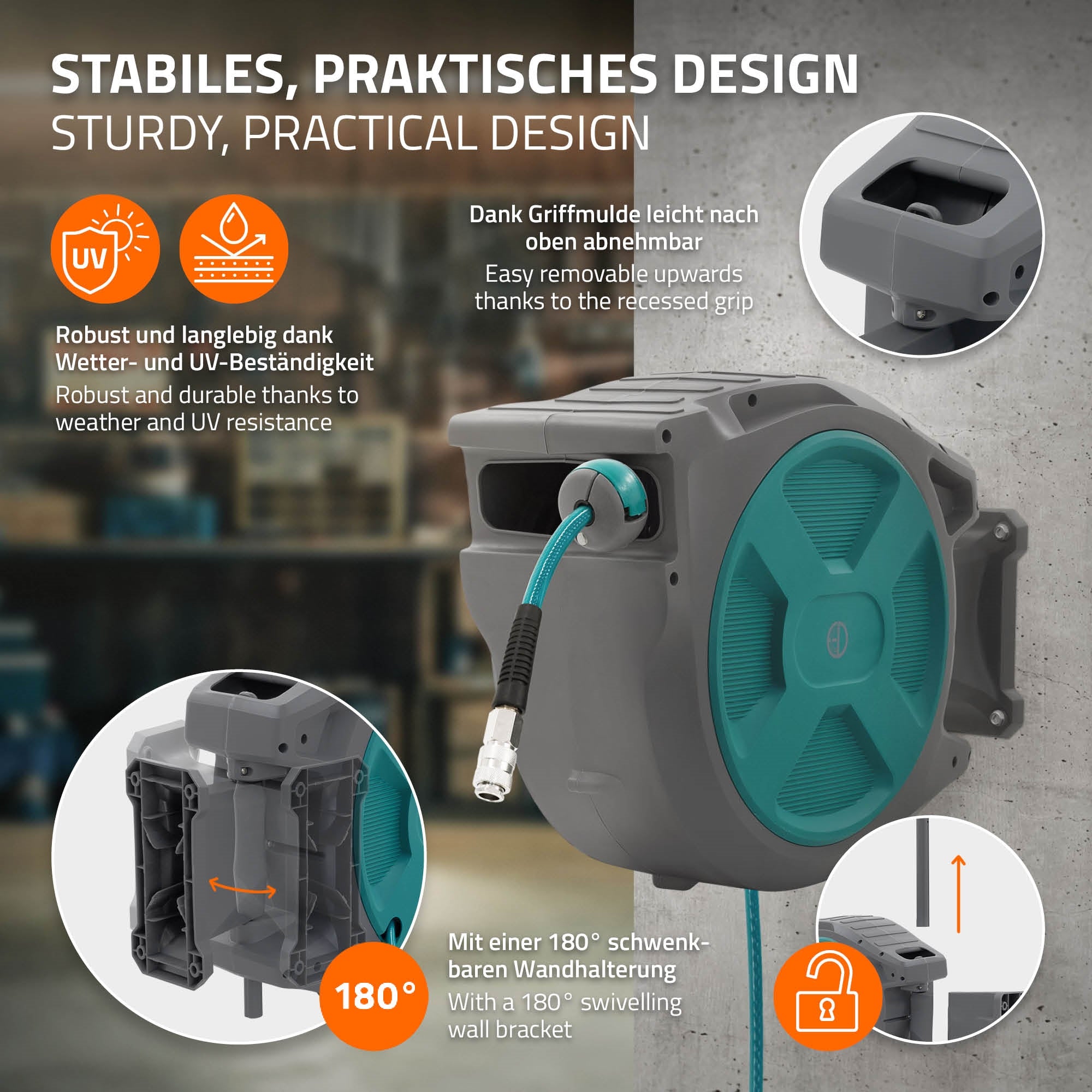 Schlauchaufroller an Wand montiert, mit drehbarem Halter und Schlauch.