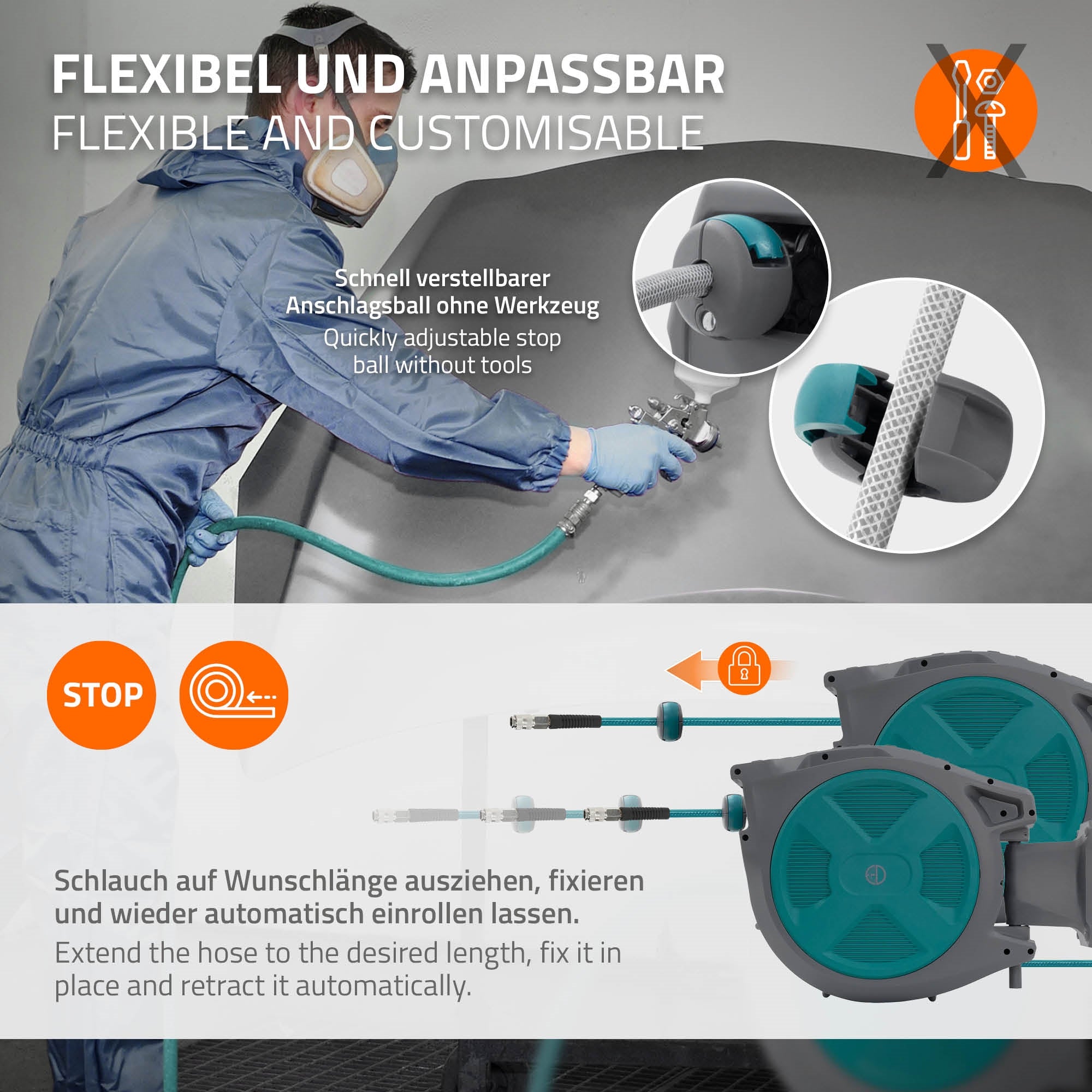 Person mit Werkzeug, die einen flexiblen Schlauch anschließt.