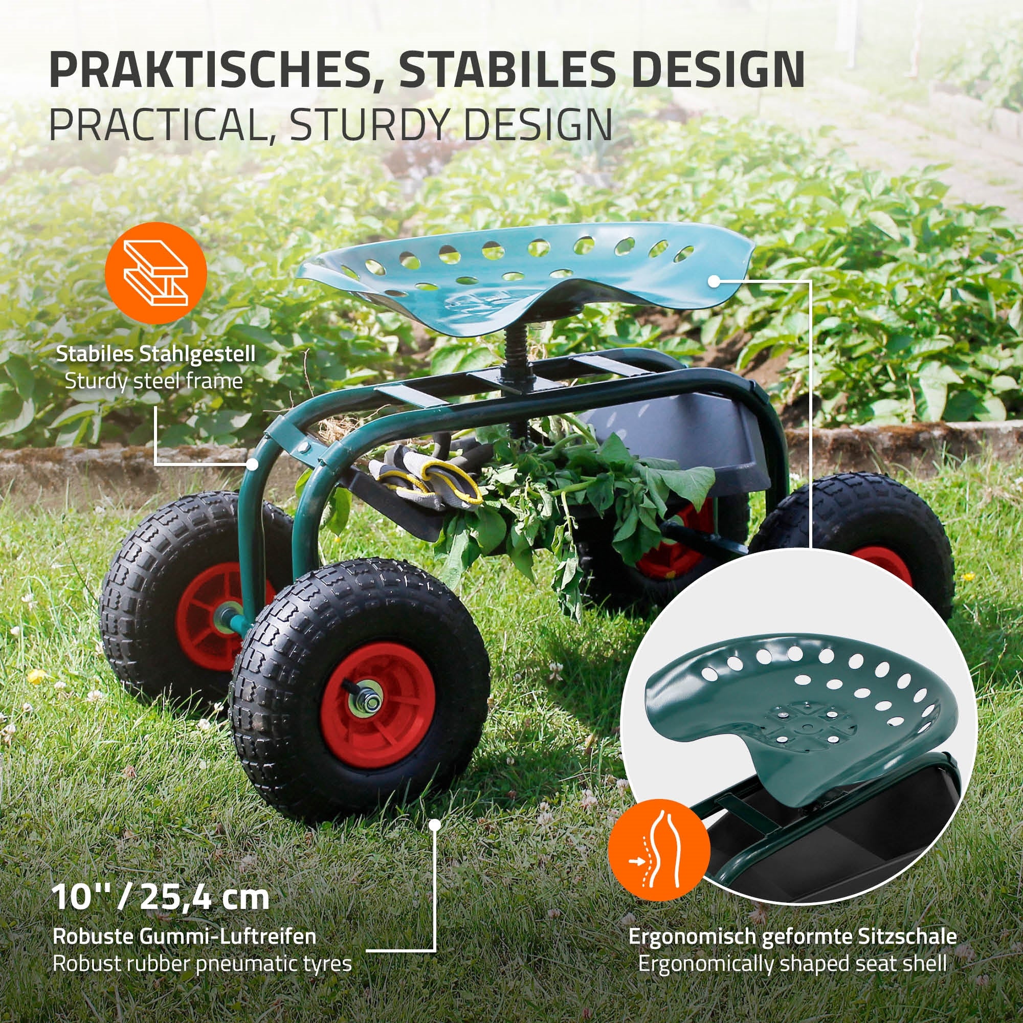 Garden chair with robust steel frame and ergonomic seat shell.